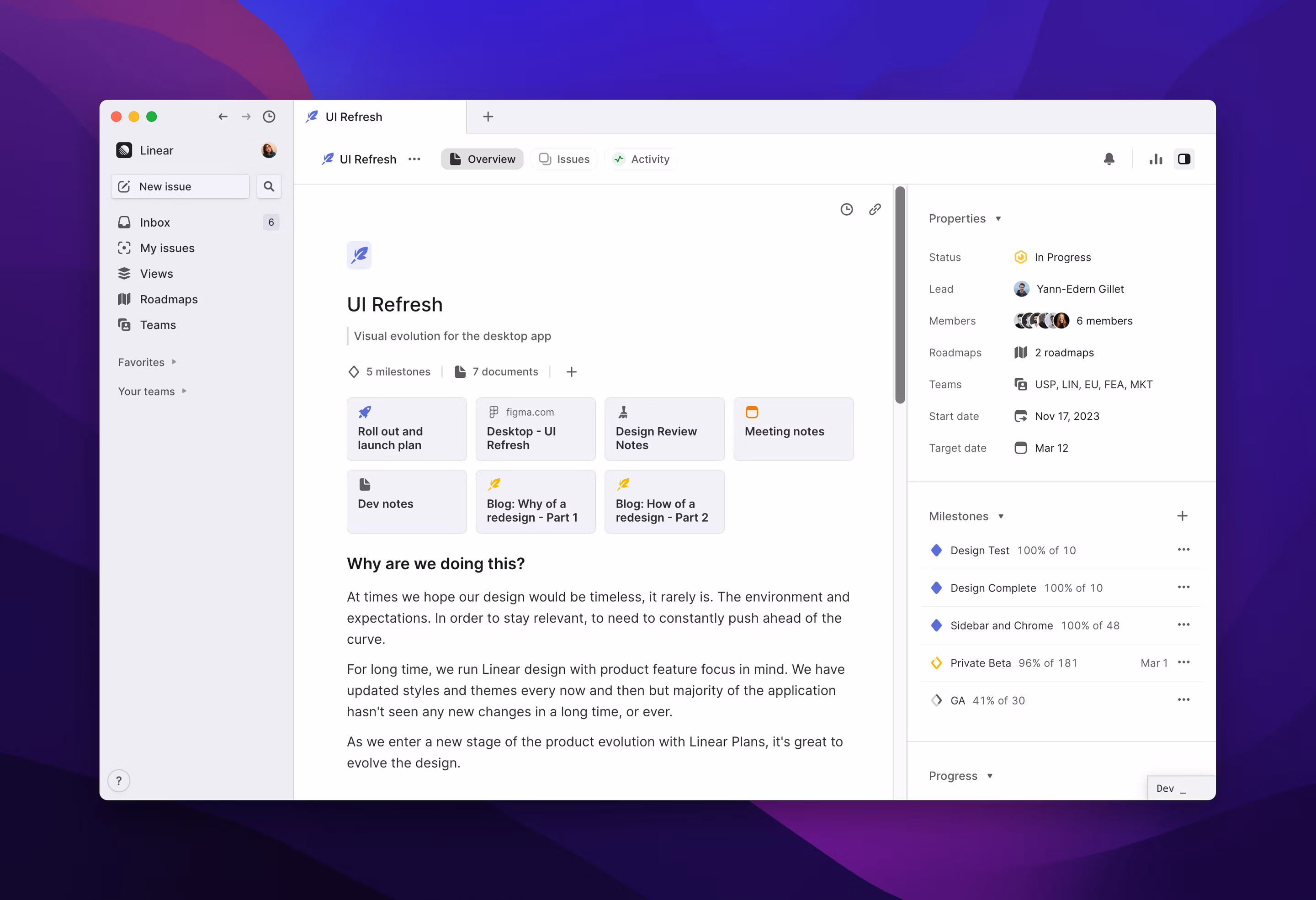 Overview page for the UI Refresh project