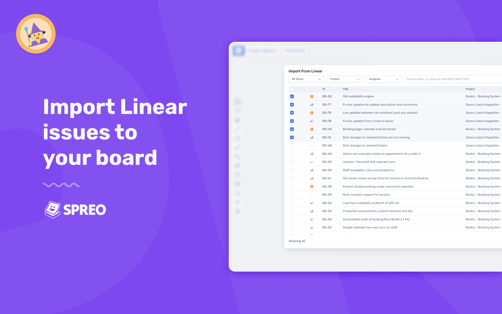 A view of Linear issues being selected to be imported to a Spreo board