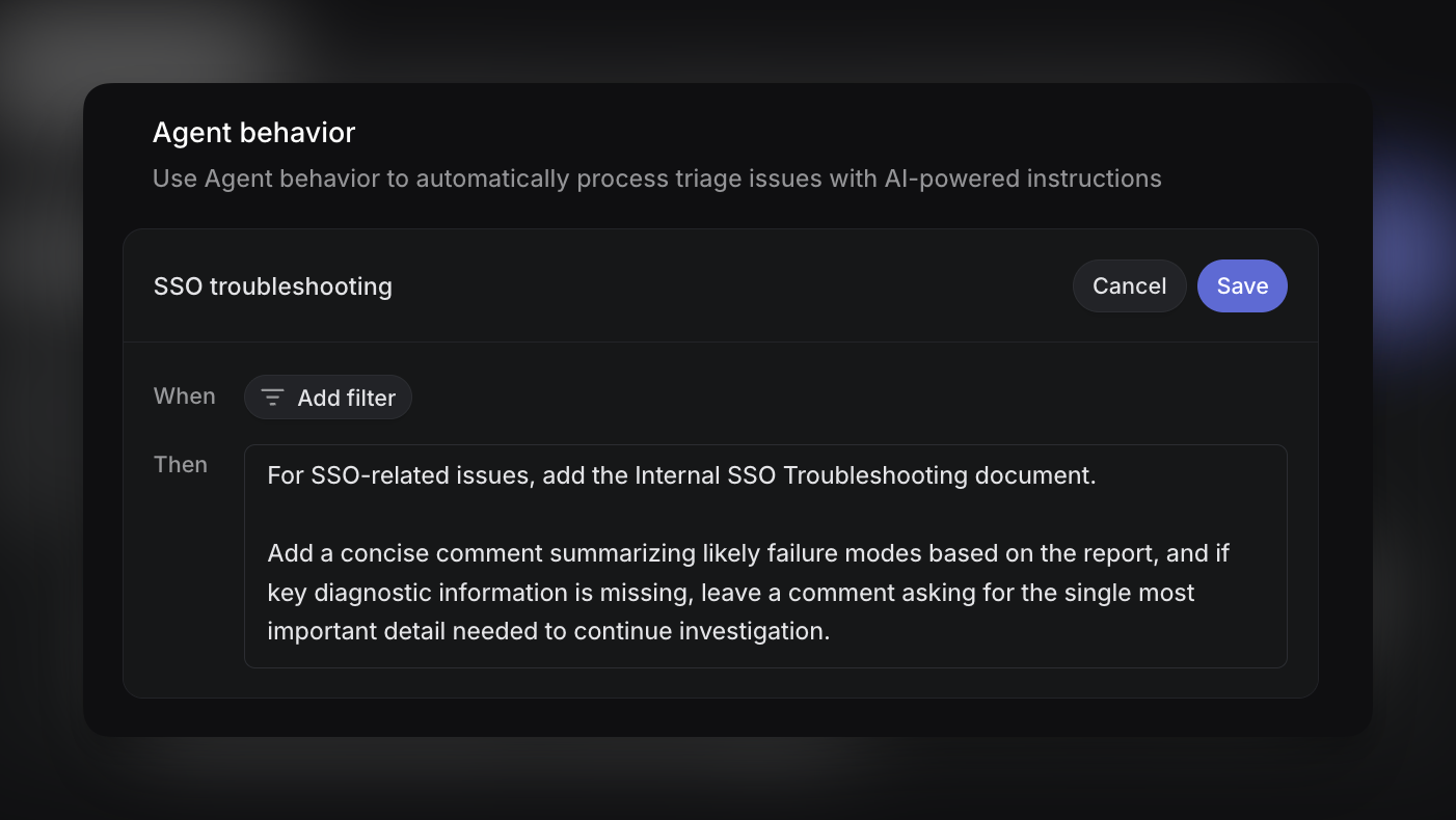 An SSO-troubleshooting automation that instructs Linear agent to attach troubleshooting documentation on an issue when SSO-related.
