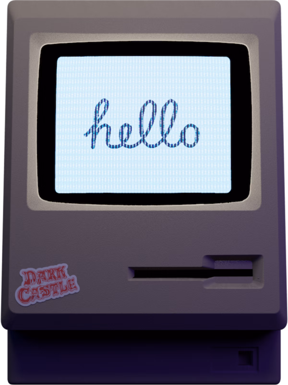 An old computer with a flashing screen and stickers