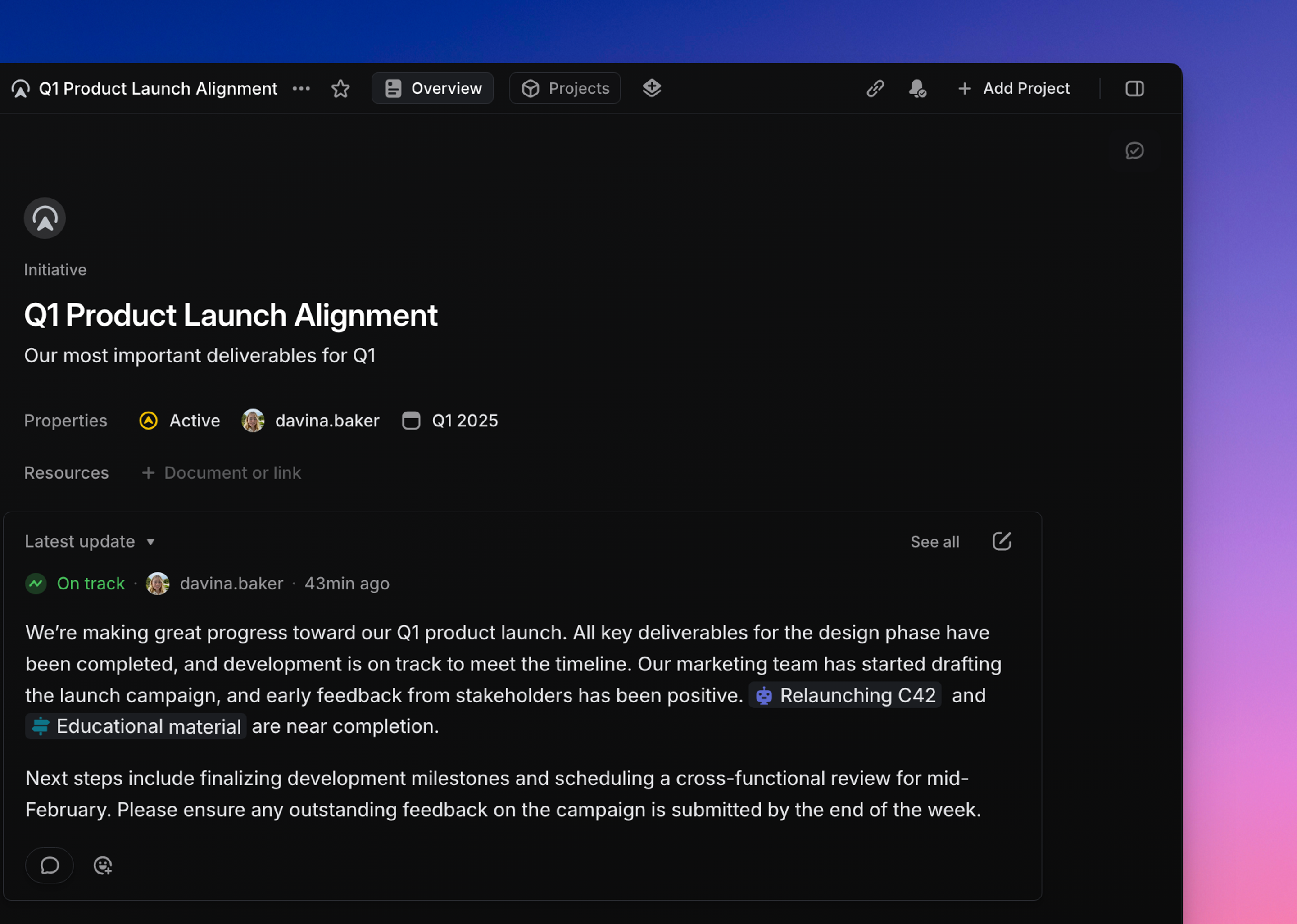 Project updates view in Linear