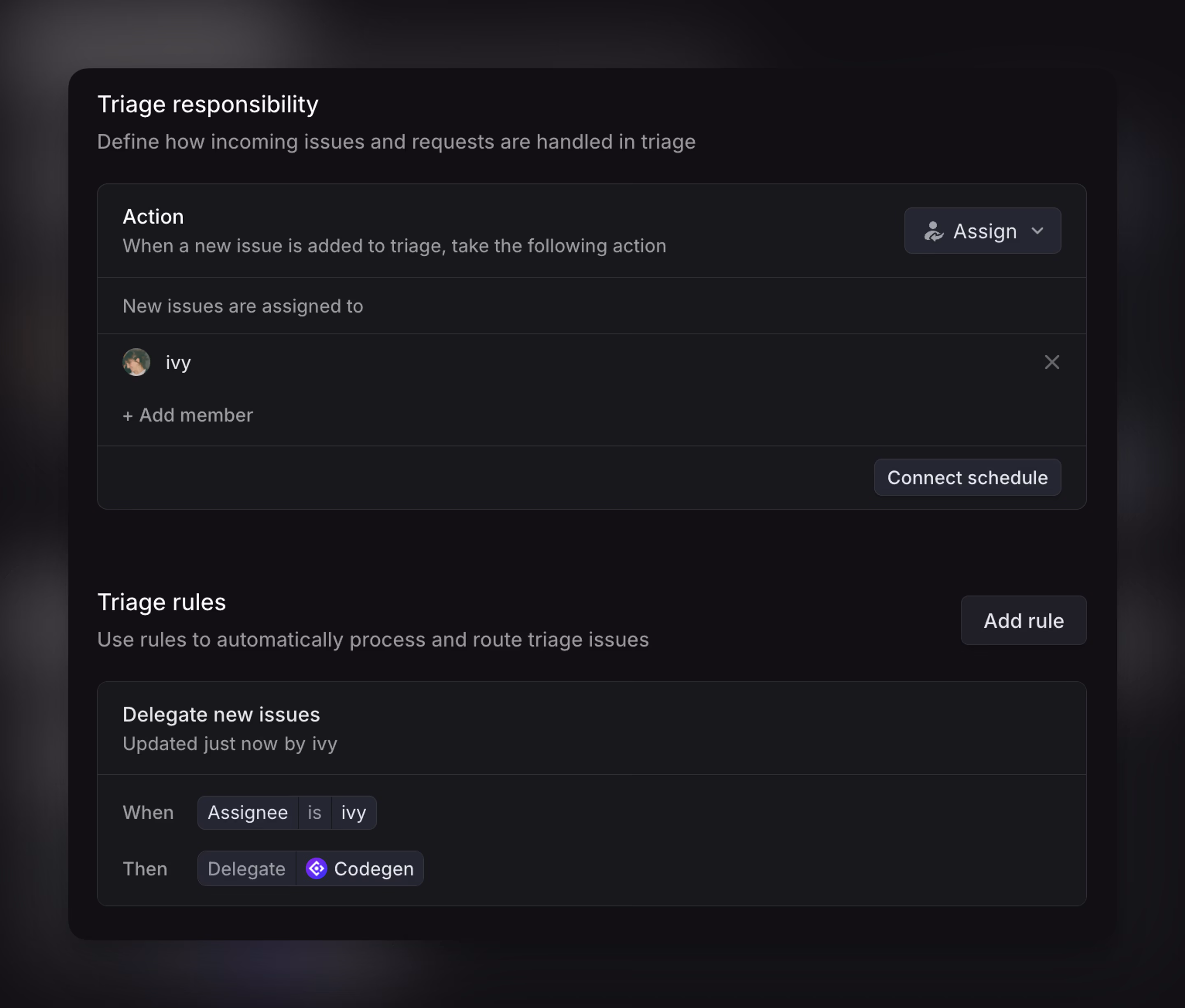 Linear’s triage settings showing automated assignment and delegation setup. 'Triage responsibility' assigns new issues in triage to a specified teammate. Below, a 'Triage rule' is configured to delegate issues to an agent when assigned to that teammate.