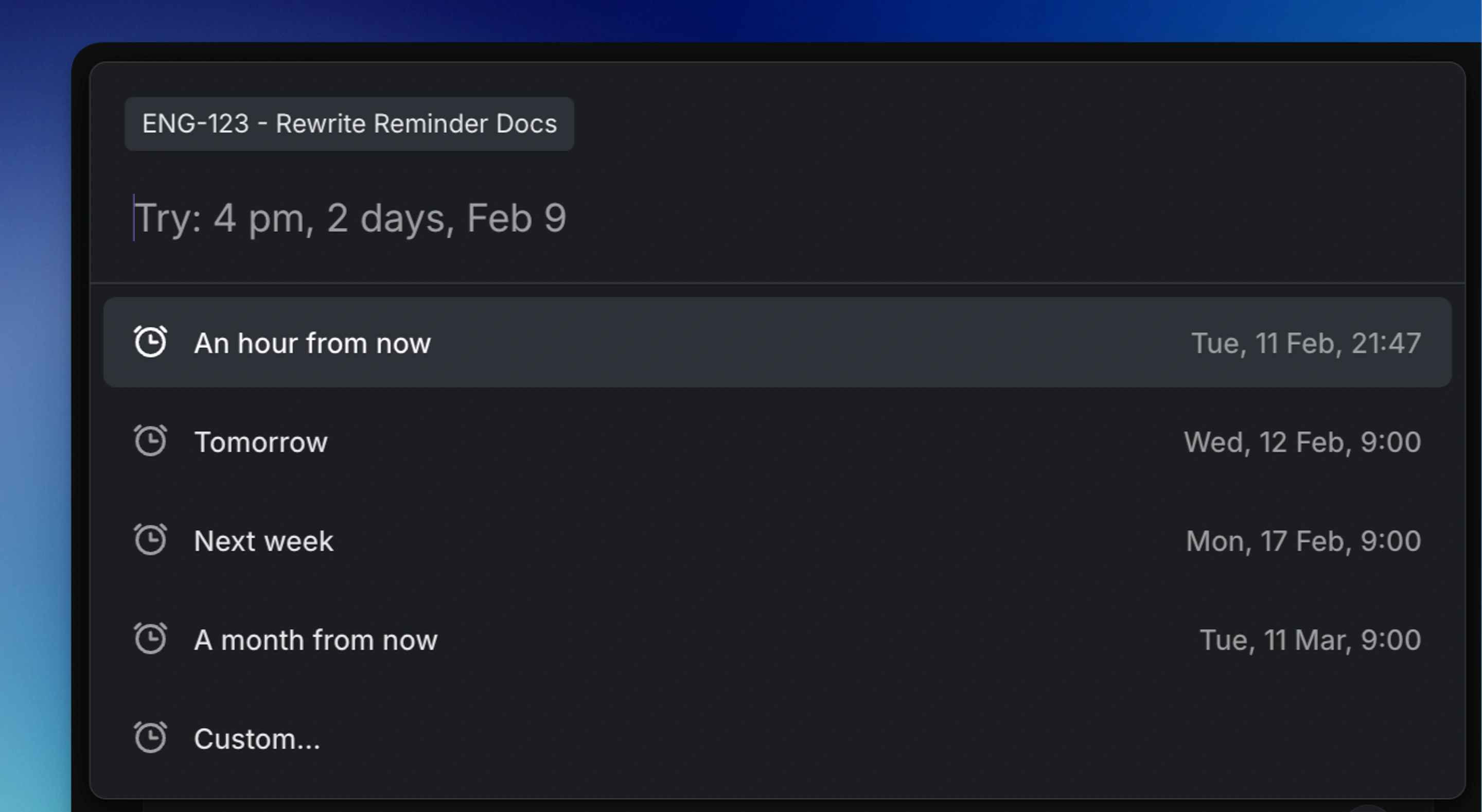 Intervals available when setting reminders