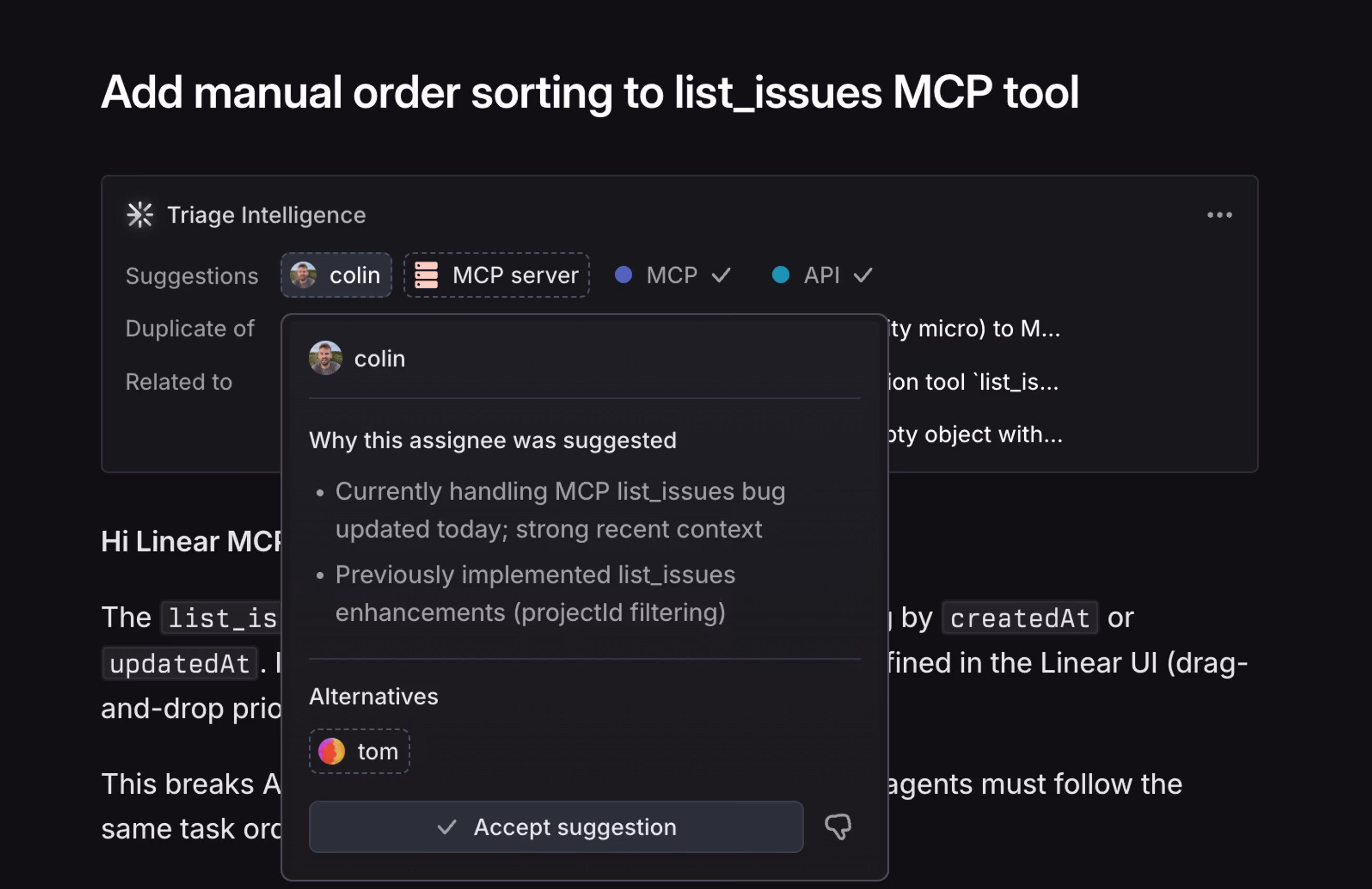 Assignee suggestion detail explaining why the suggestion was made