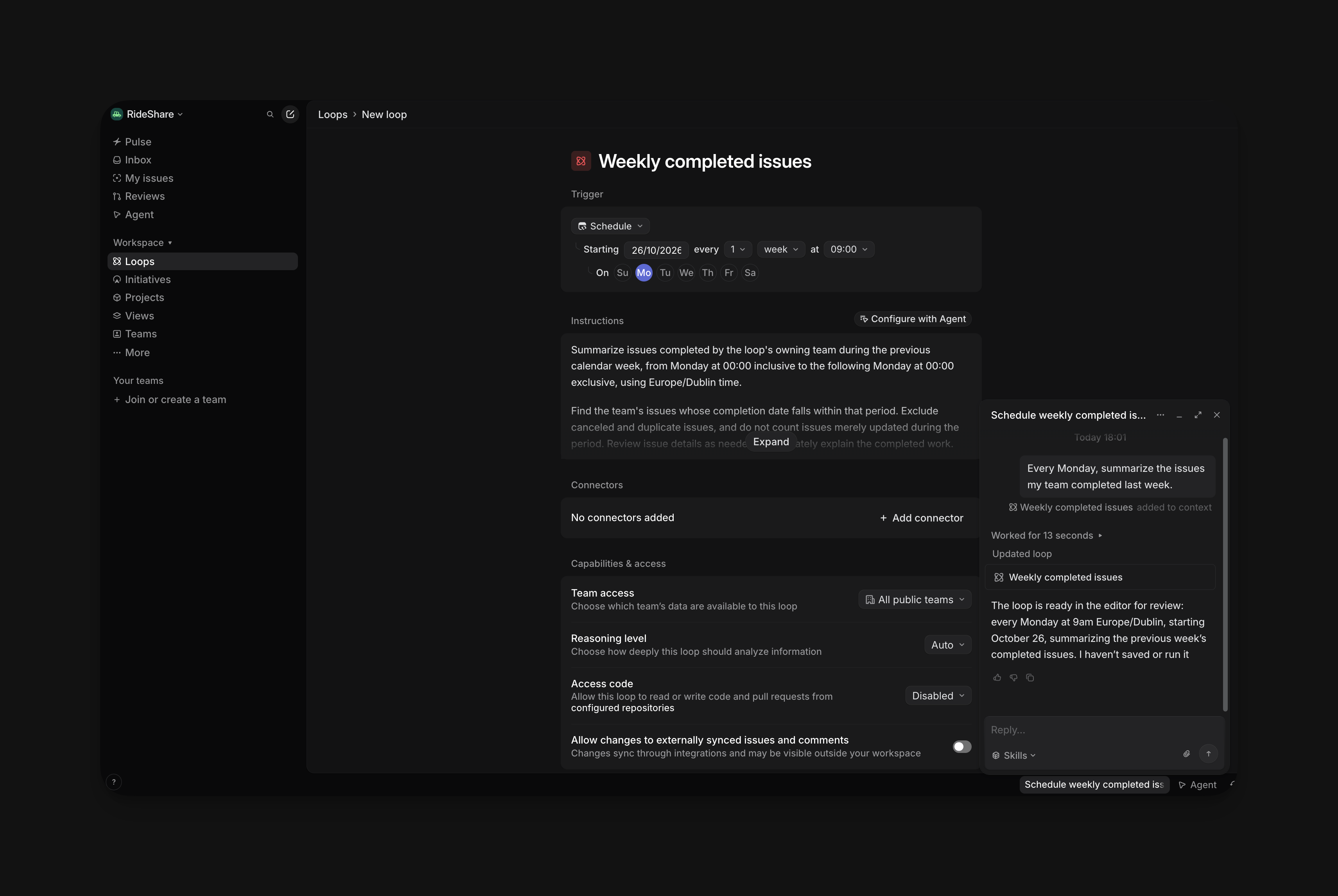 Weekly completed issues loop draft with a weekly schedule trigger on Monday at 09:00, instructions to summarize completed issues, and no connectors added