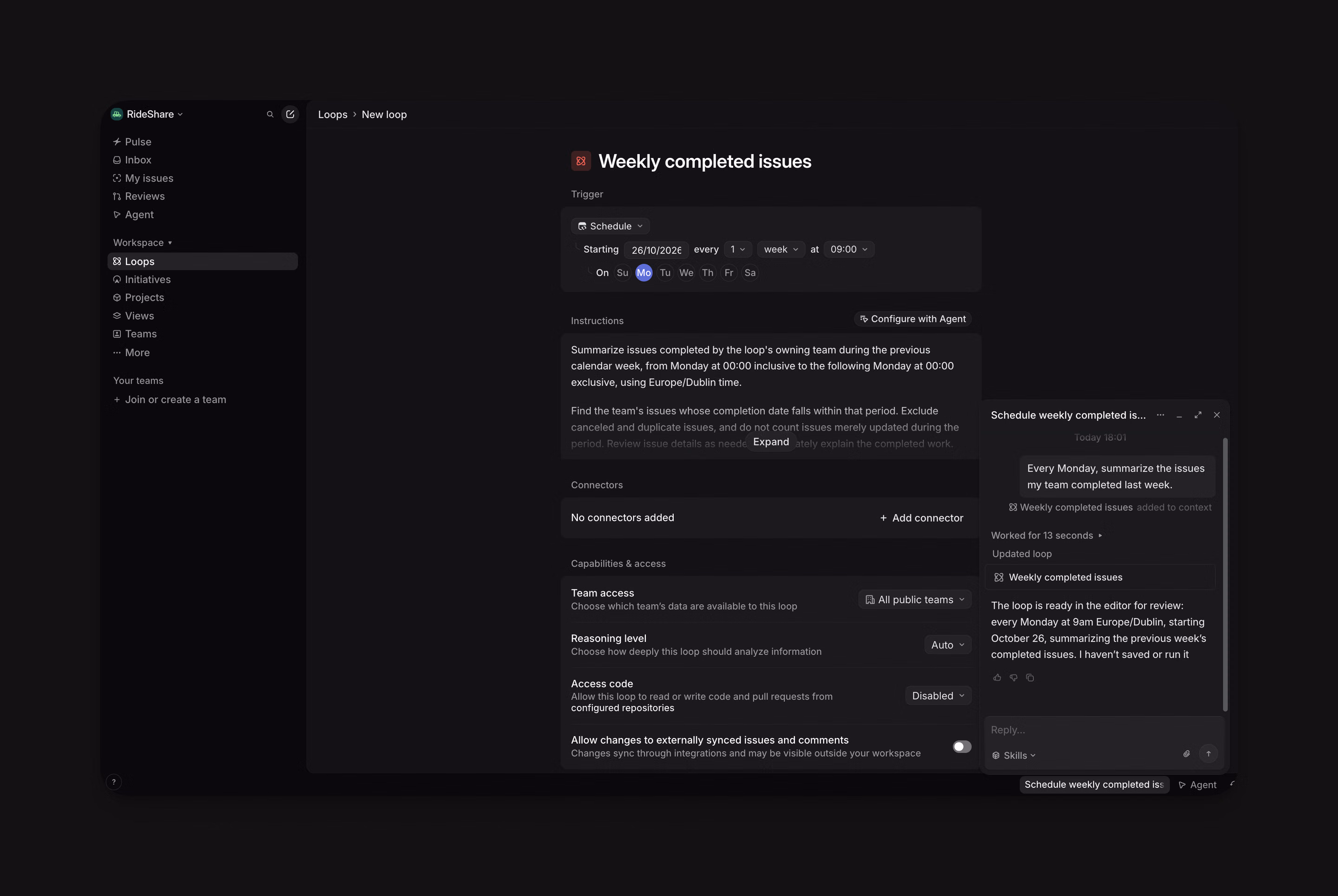 Weekly completed issues loop draft with a weekly schedule trigger on Monday at 09:00, instructions to summarize completed issues, and no connectors added