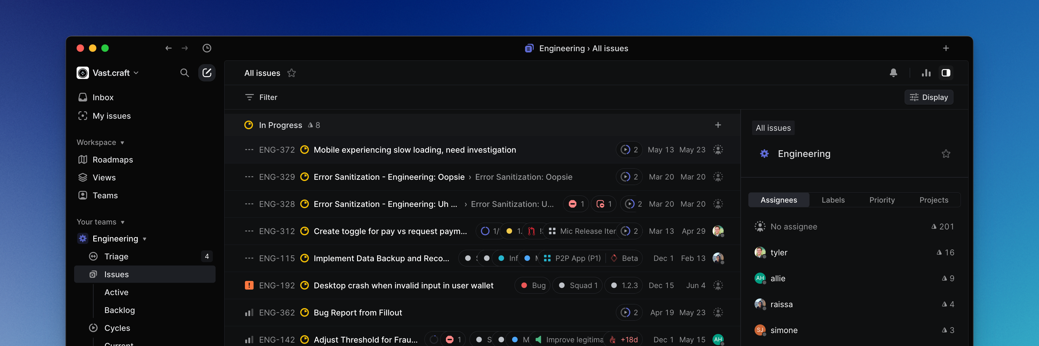 Linear interface showing active issues page