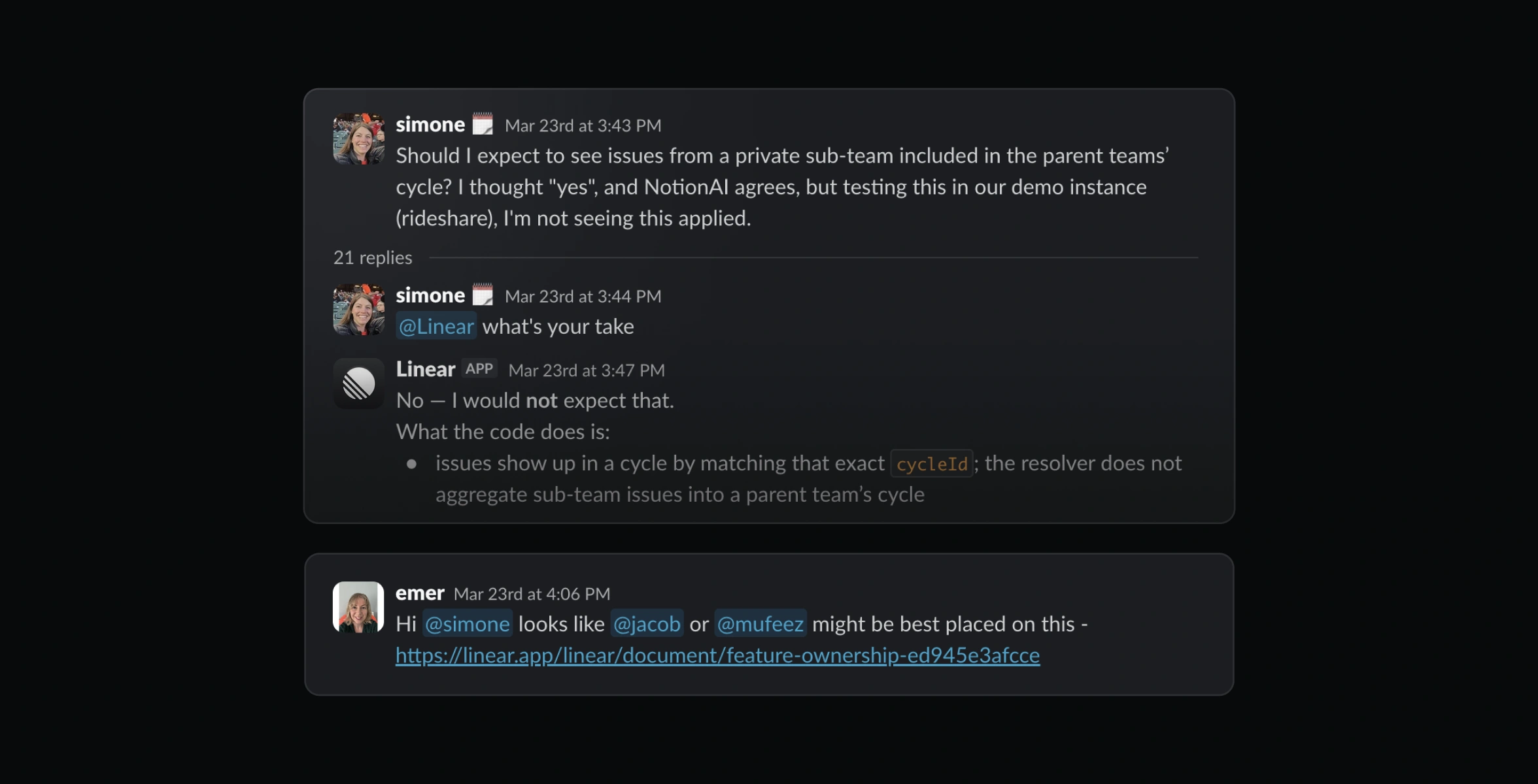 Dark Slack thread screenshot showing a teammate asking about private sub-team issues in a parent team’s cycle, followed by a Linear agent reply explaining they are not included.