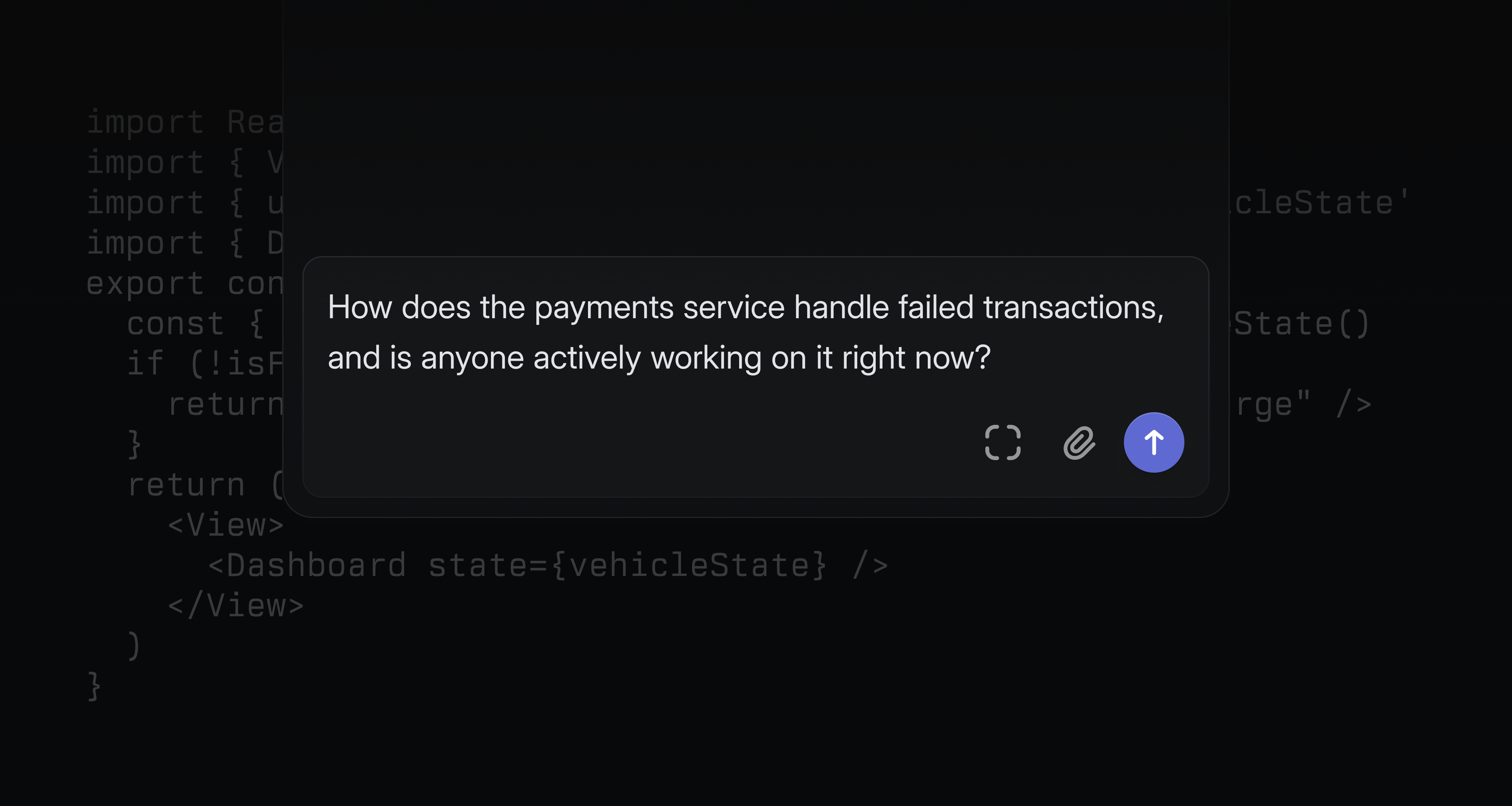 Agent chat open, user asking a question about their codebase -- how does the payments service handle failed transactions?