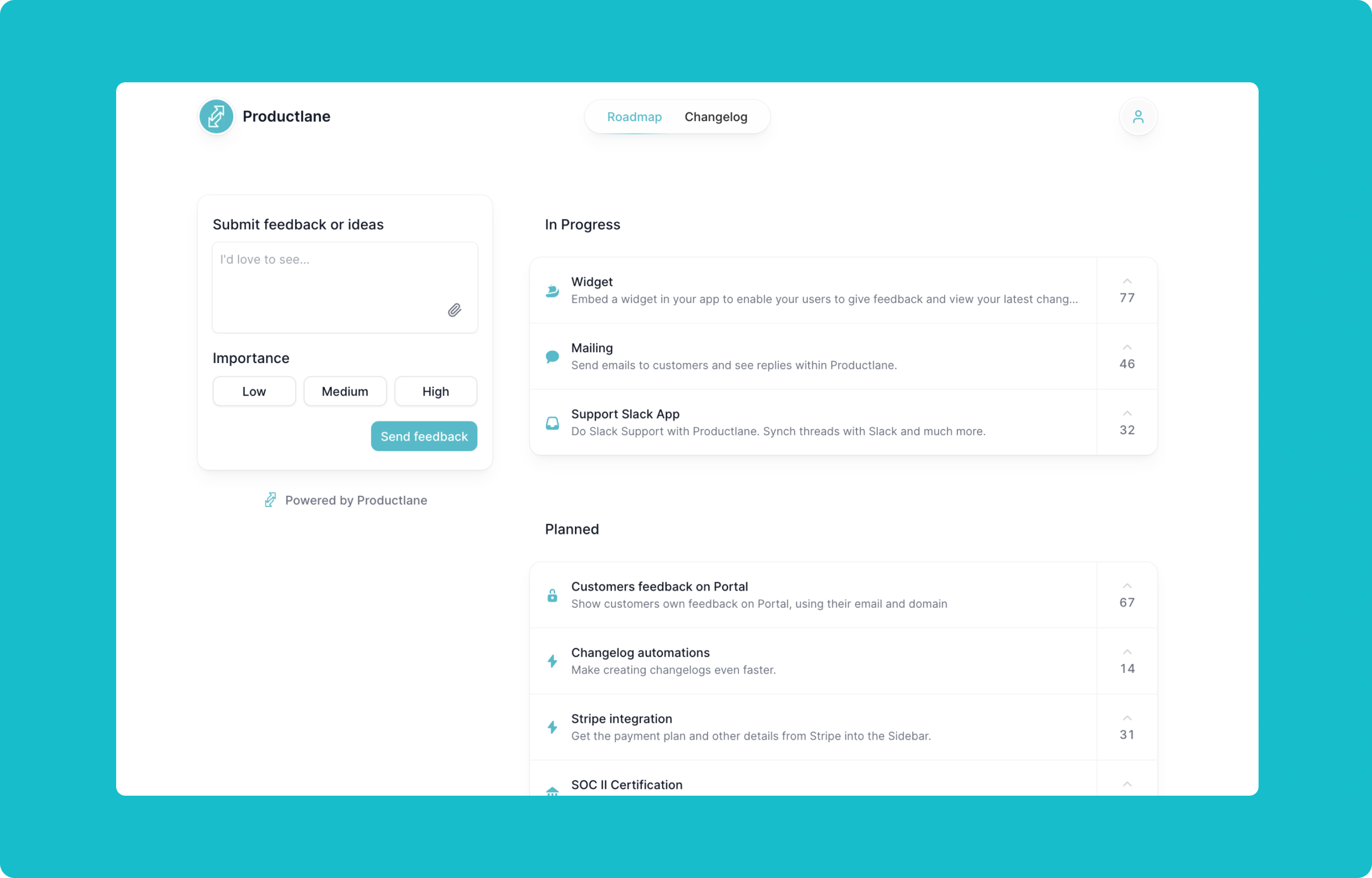 Productlane's public Roadmap with items under Q2 2022 and Q3 2022.