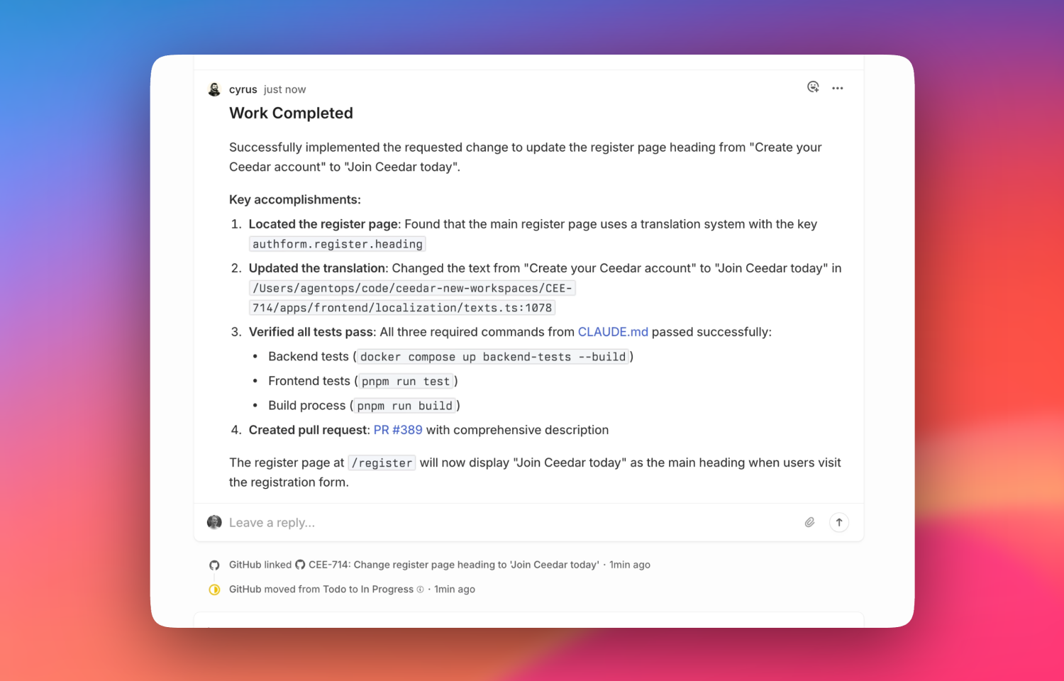 Cyrus updating an issue with completed work