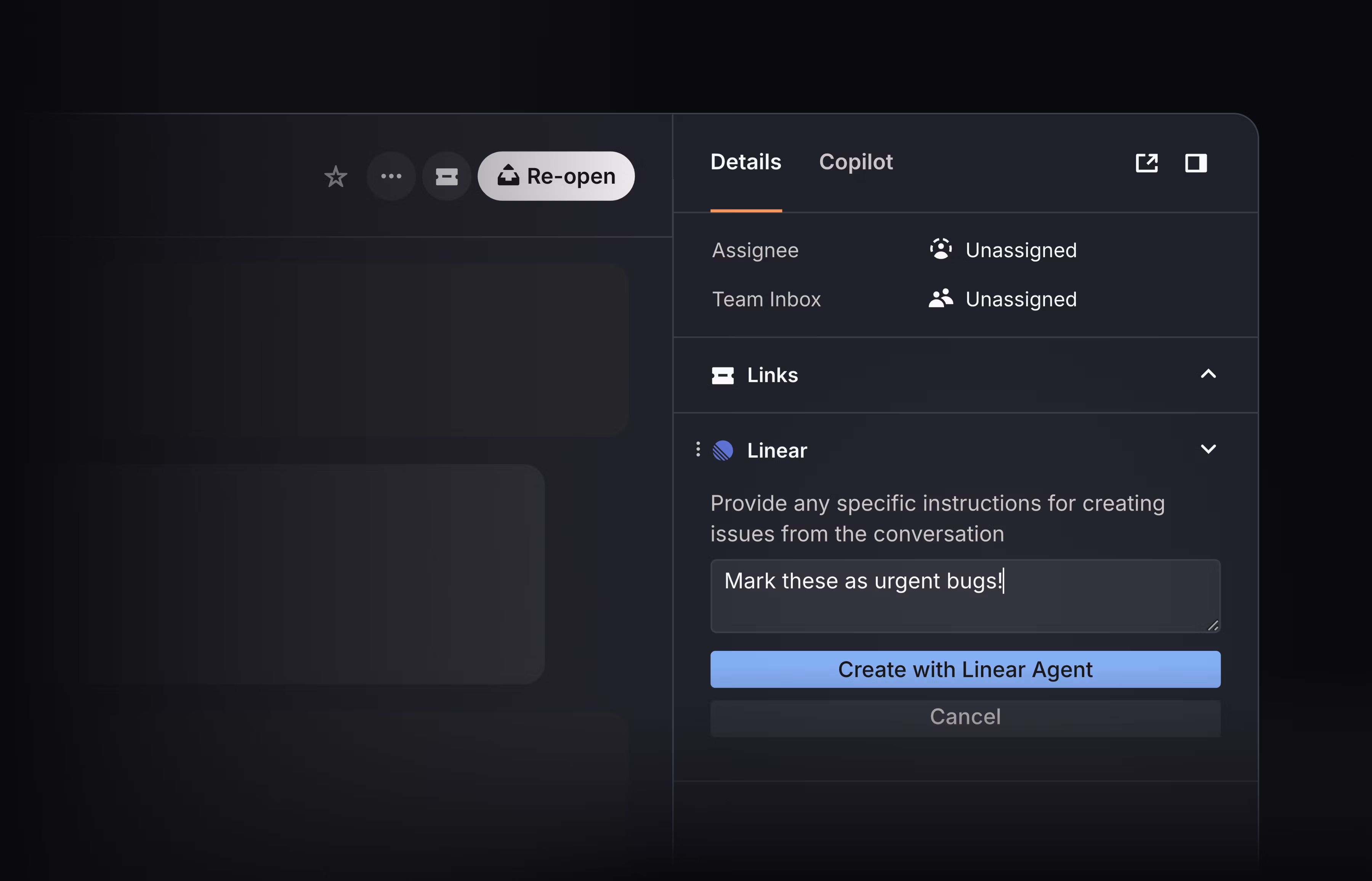Intercom interface showing the Linear agent in the sidebar. The user gave guidance in a text box, "Mark these as urgent bugs", and will then press the "Create with Linear Agent" button to generate the issue
