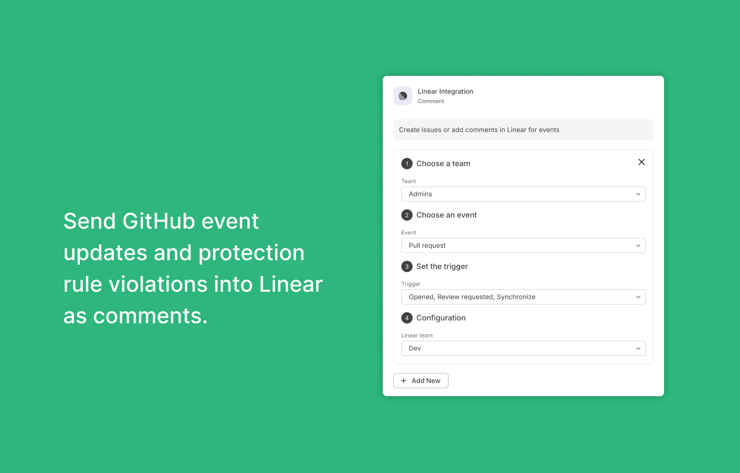 Warestack integration for Linear showing various triggers 