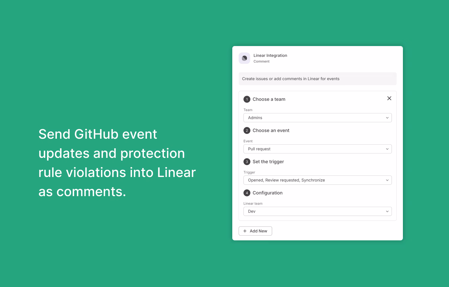 Warestack integration for Linear showing various triggers