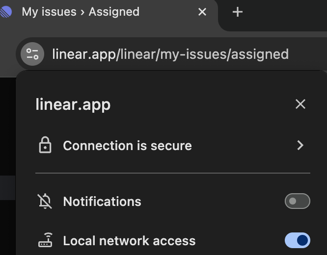 Local network access turned on for Linear in Chrome's site settings