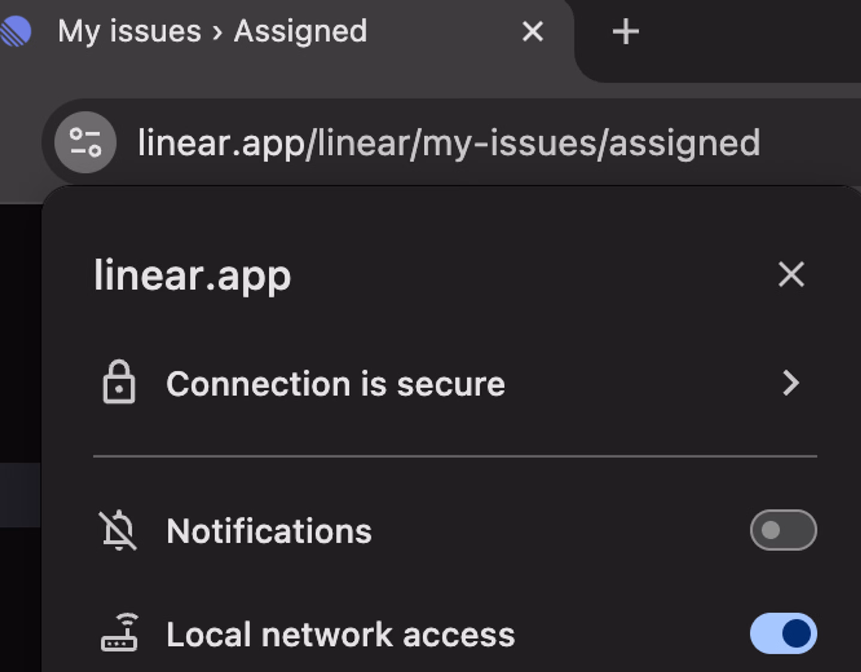 Local network access turned on for Linear in Chrome's site settings