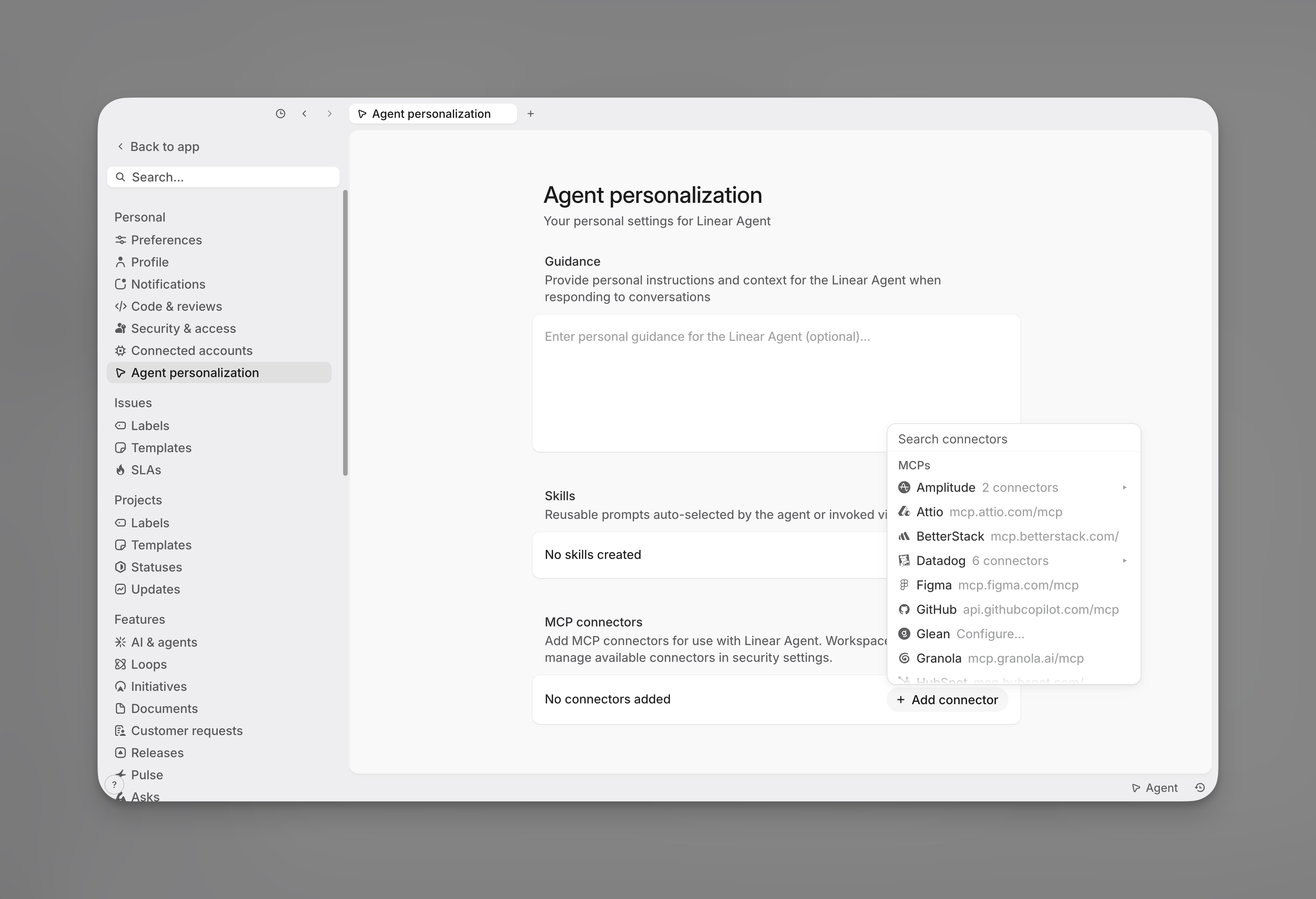 Agent personalization settings showing MCP connectors, No connectors added, and the Add connector picker open