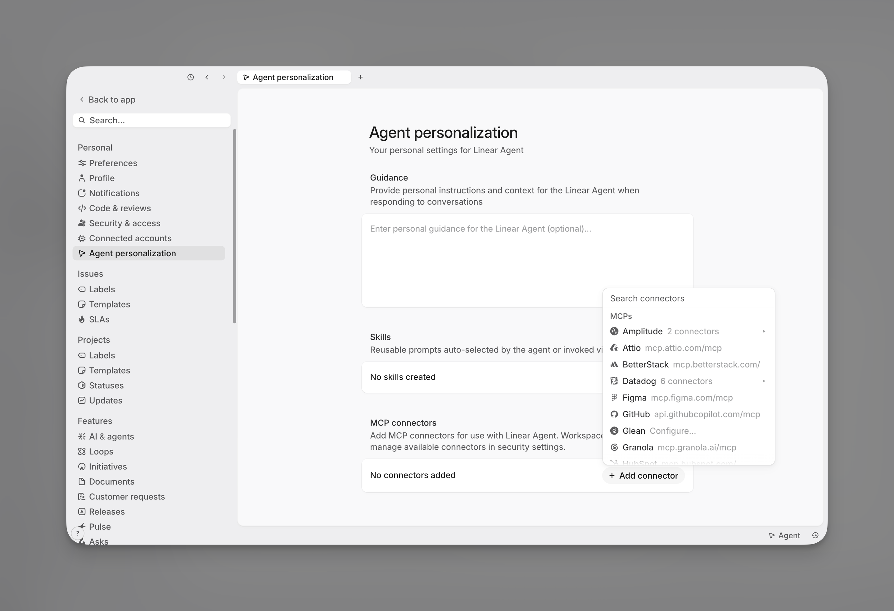 Agent personalization settings showing MCP connectors, No connectors added, and the Add connector picker open
