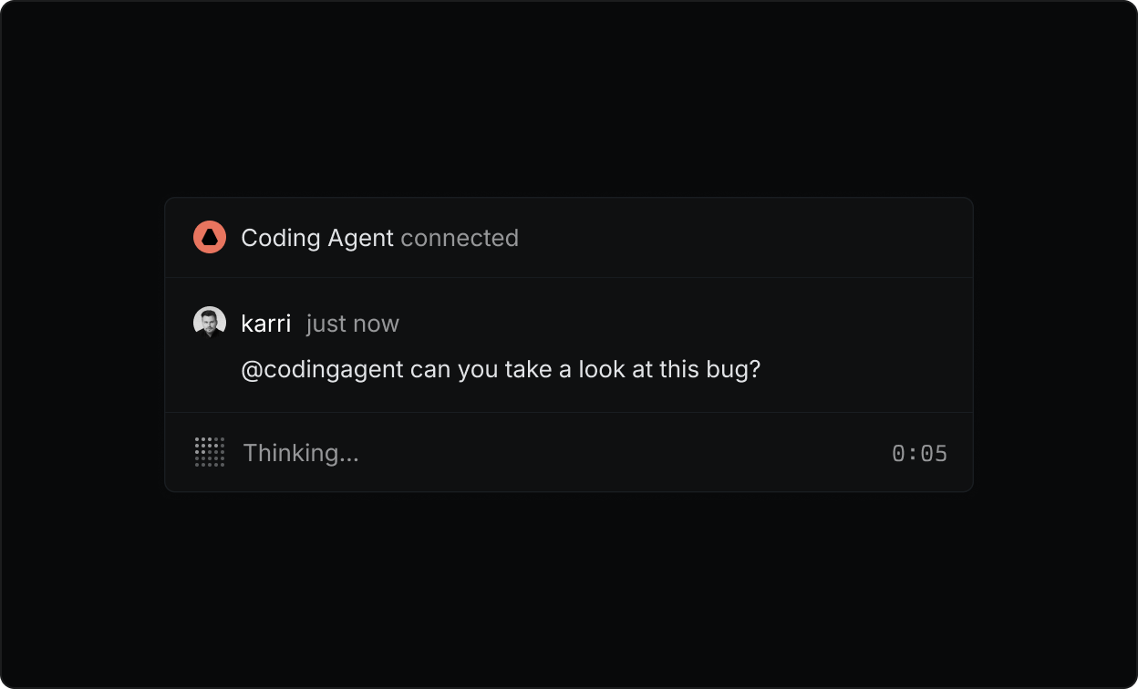 A screenshot of a comment thread in Linear. A human user asks the coding agent to take a look at a bug. The agent instantly replies with a "Thinking" indicator.