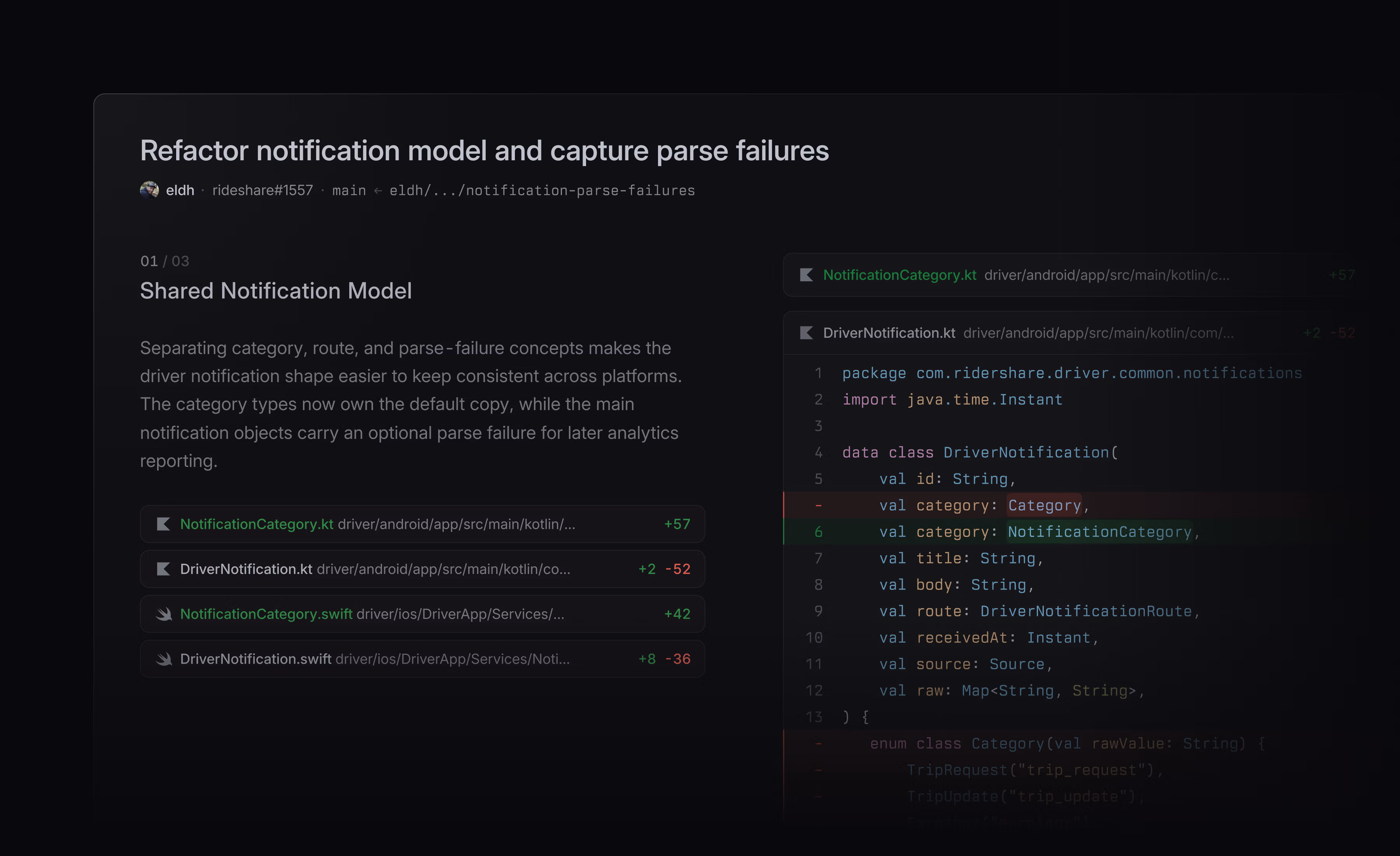 Guided Review for Diff on Refactor notification model and capture parse failures