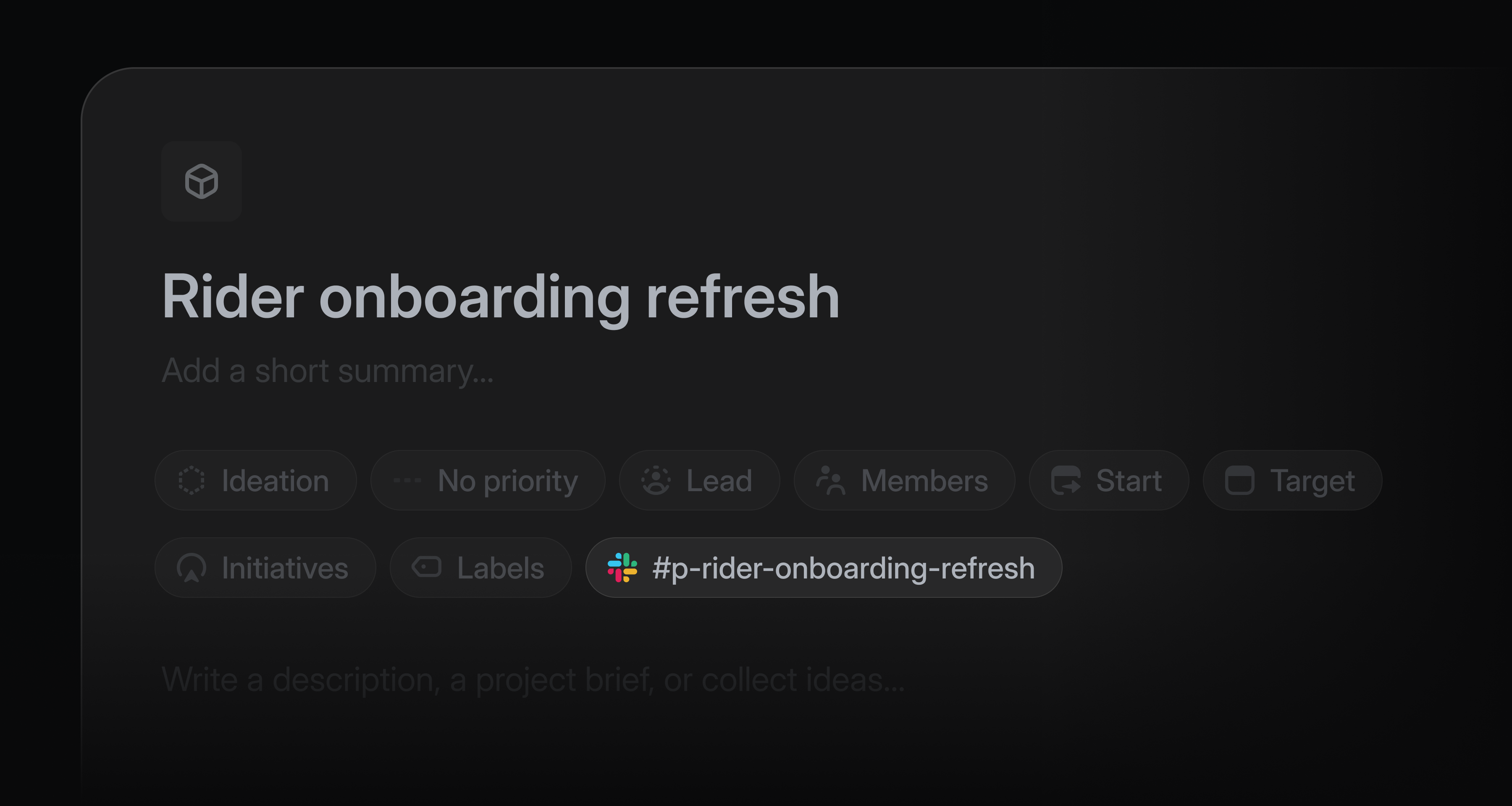 Project overview page in Linear titled "Rider onboarding refresh". #p-rider-onboarding-refresh is a Slack channel appearing next to other project properties in the header.