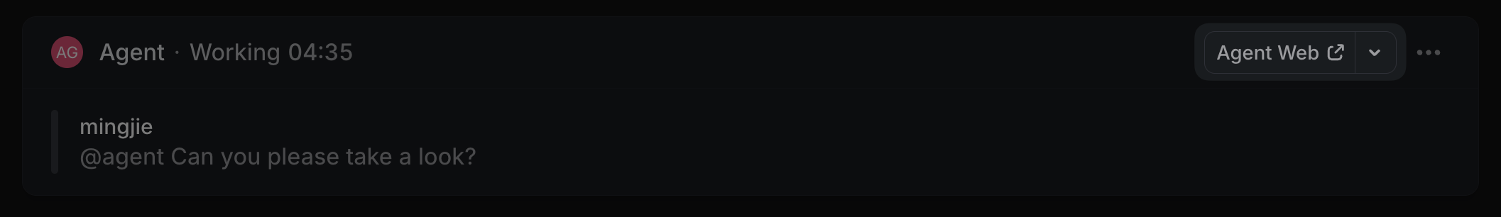 Agent Session UI showing an Open button that links to the session’s external URL, allowing users to view the session in the agent provider’s dashboard.