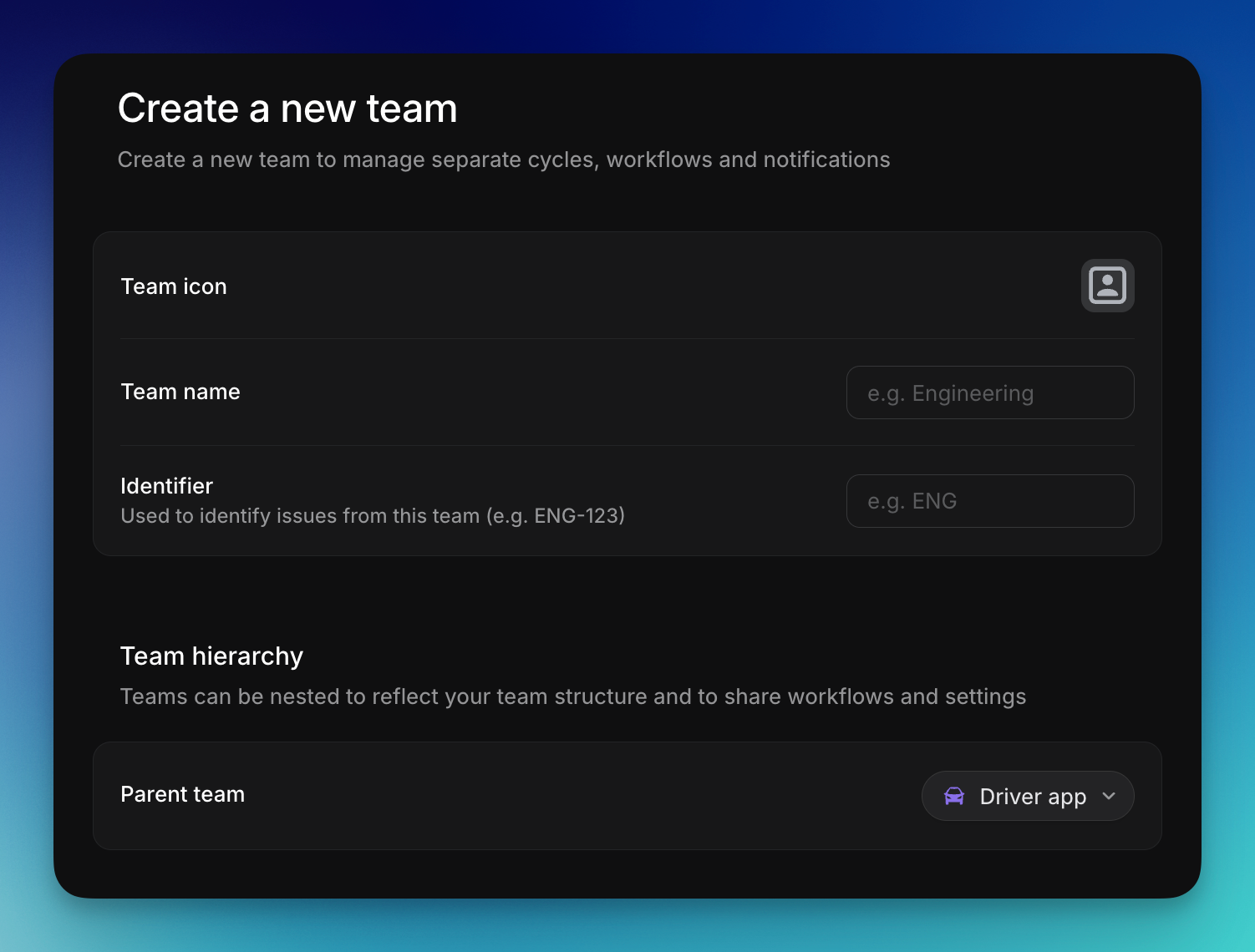 Selecting team hierarchy when creating a new team