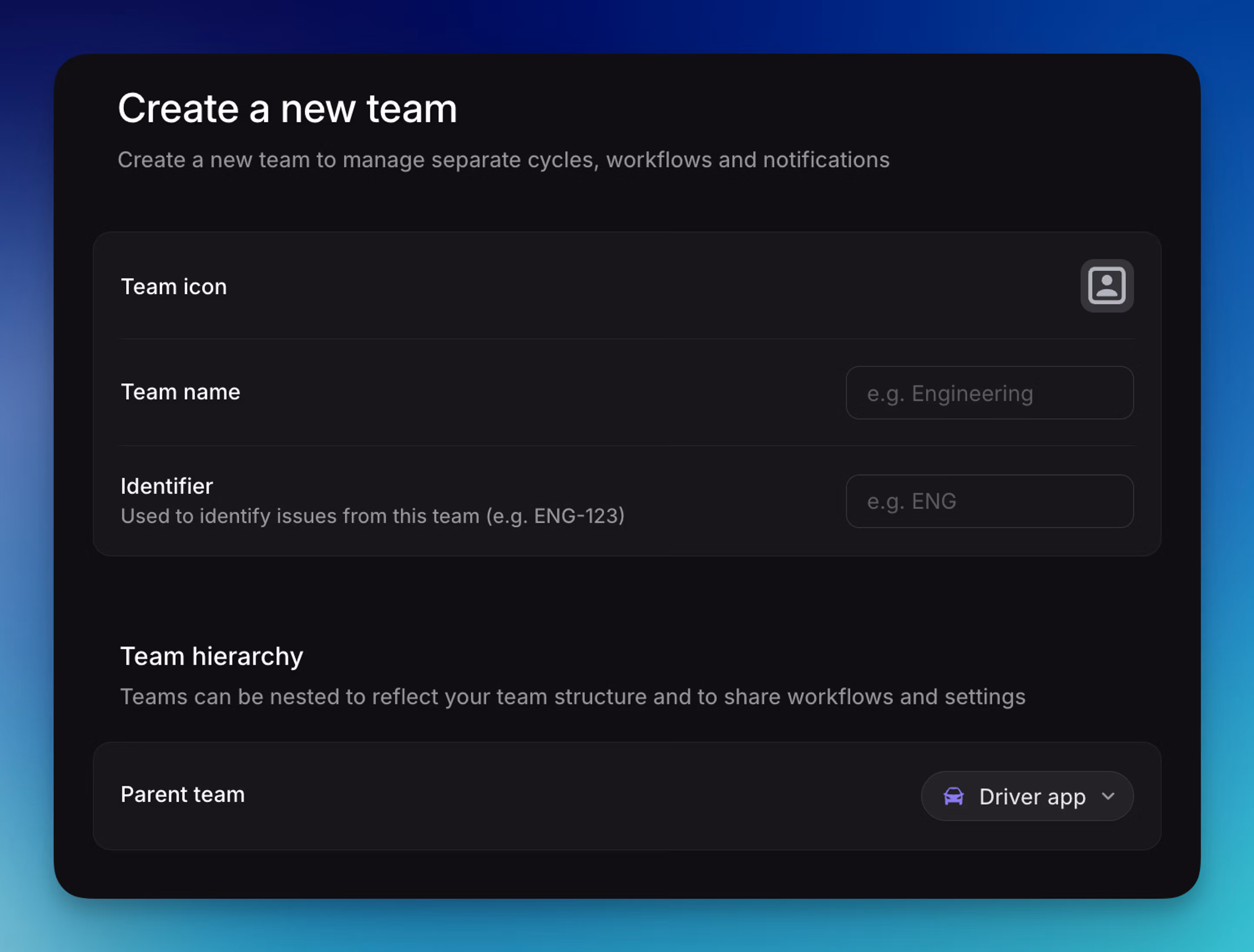 Selecting team hierarchy when creating a new team