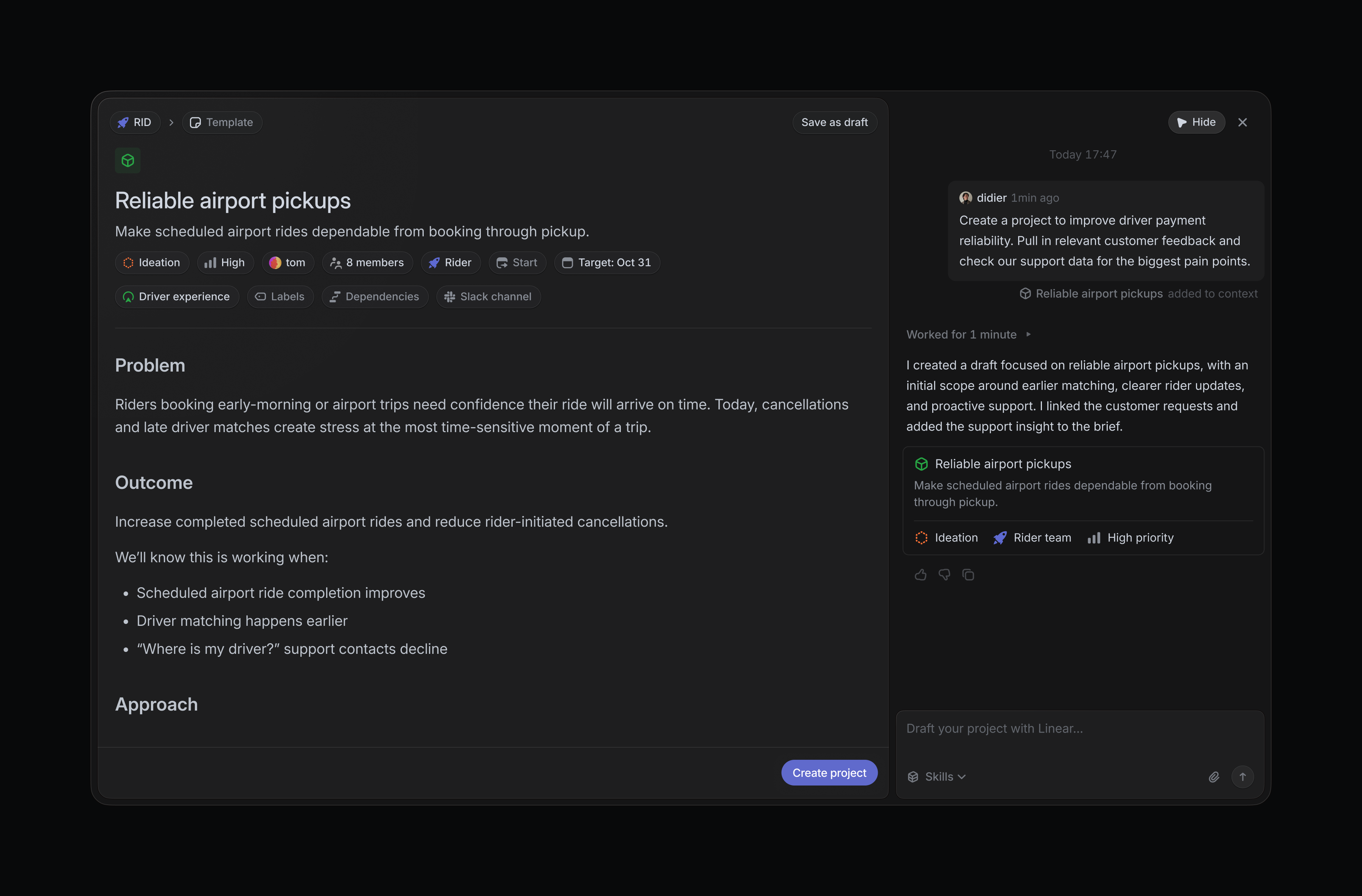 Linear’s AI project-drafting interface creating a “Reliable airport pickups” project, with a live chat panel and project brief fields.