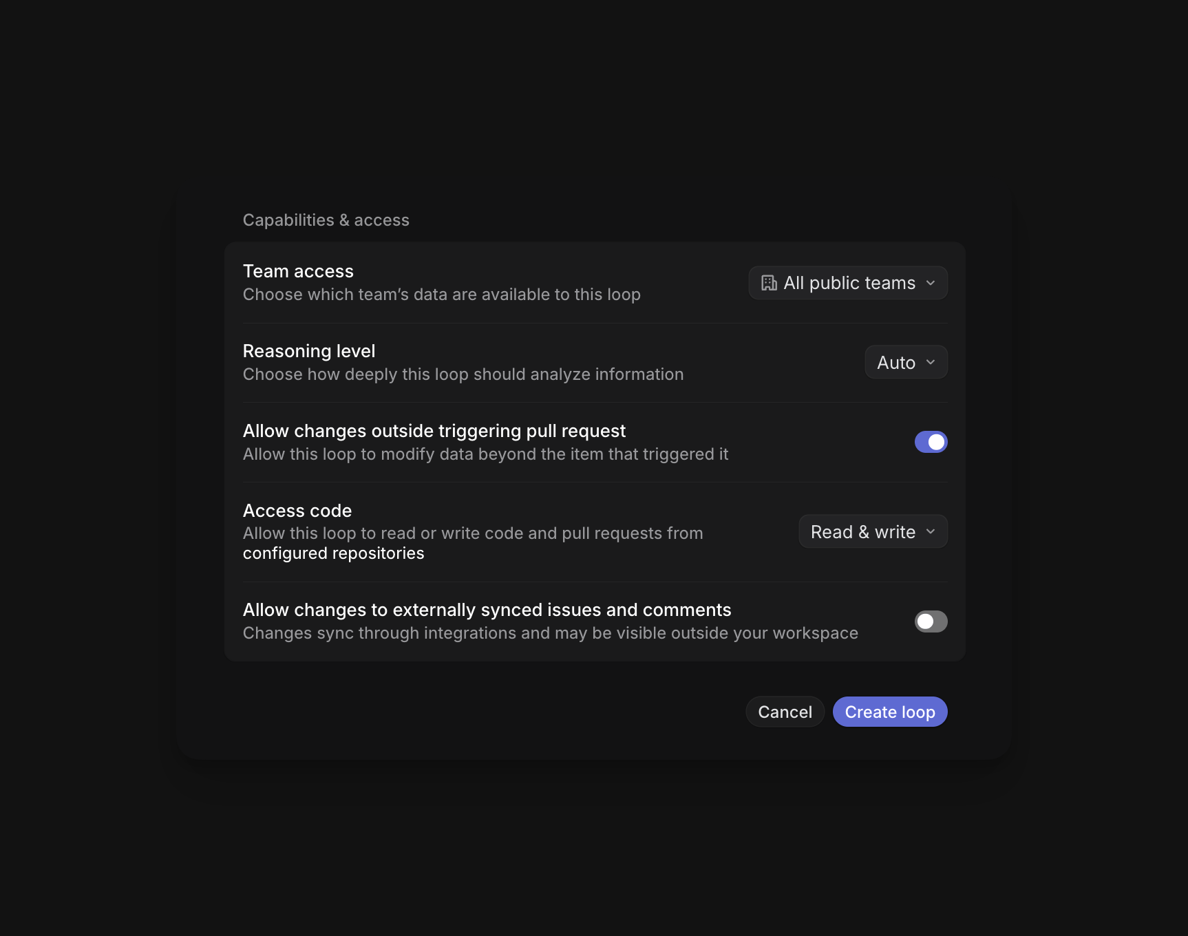 Capabilities & access settings showing Team access, Reasoning level set to Auto, Access code set to Read & write, and controls for changes outside the triggering pull request and externally synced issues and comments