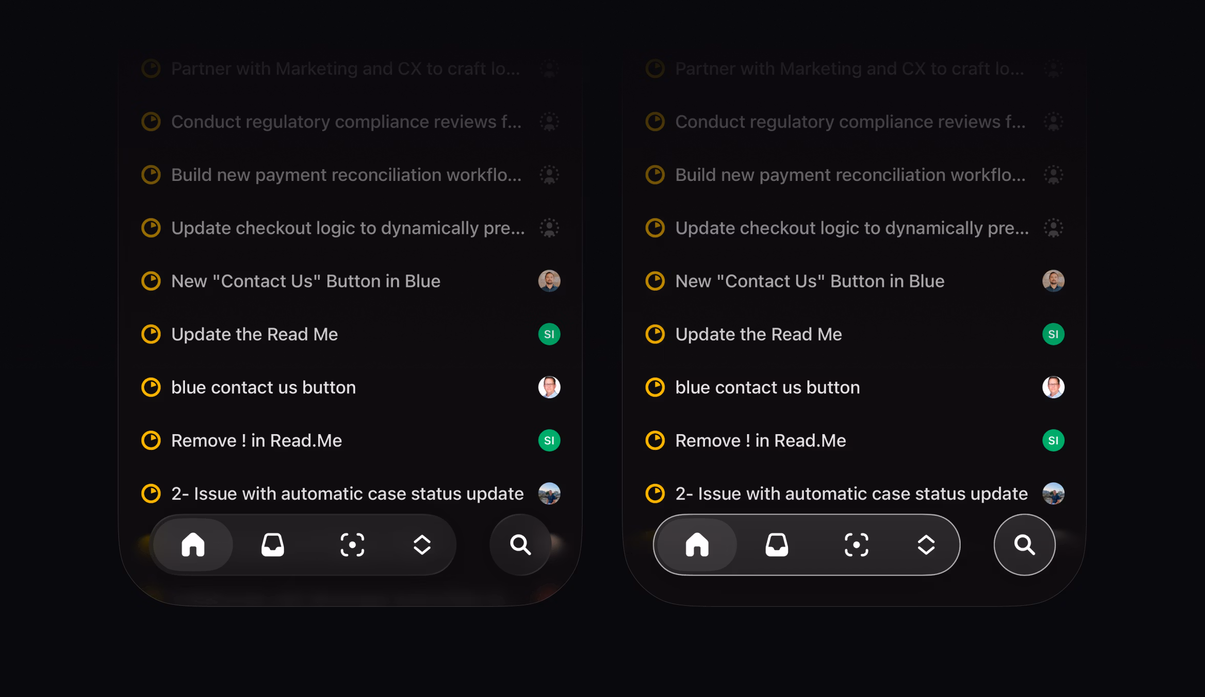 Screenshots of the regular Linear mobile app versus the Linear mobile app in Increase Contrast mode