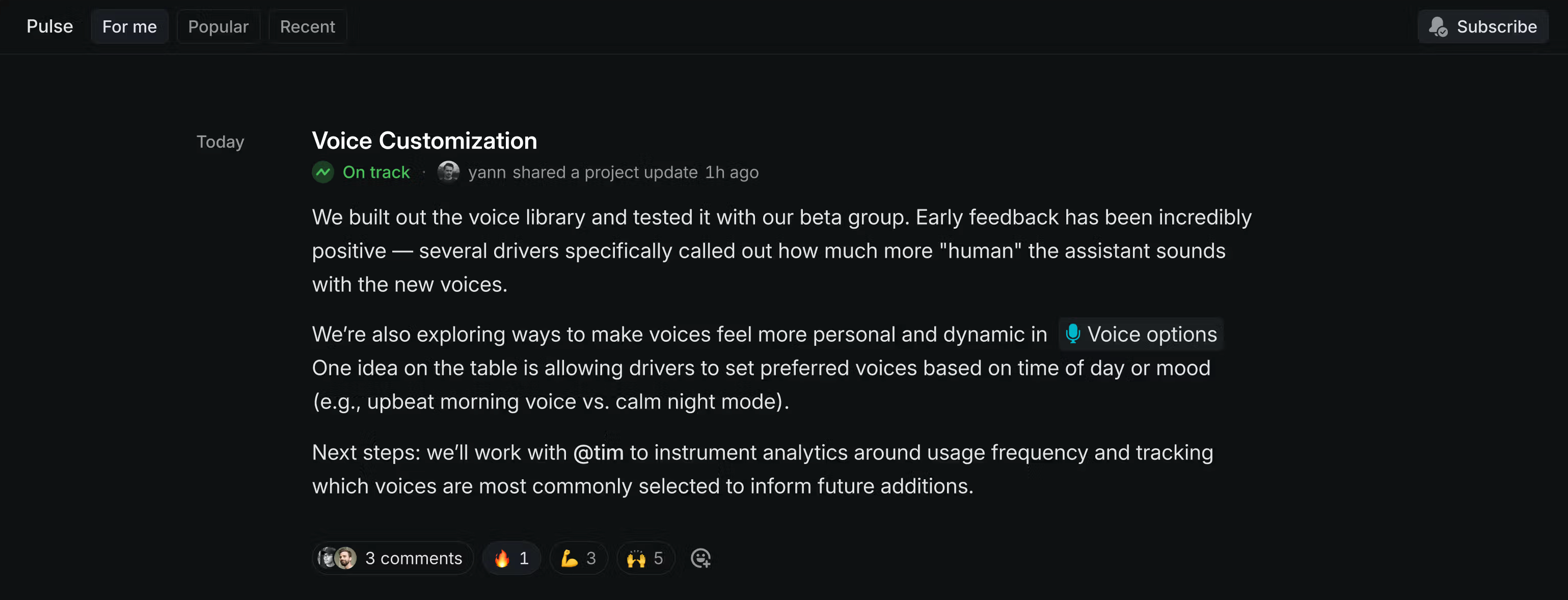 A project update in Pulse