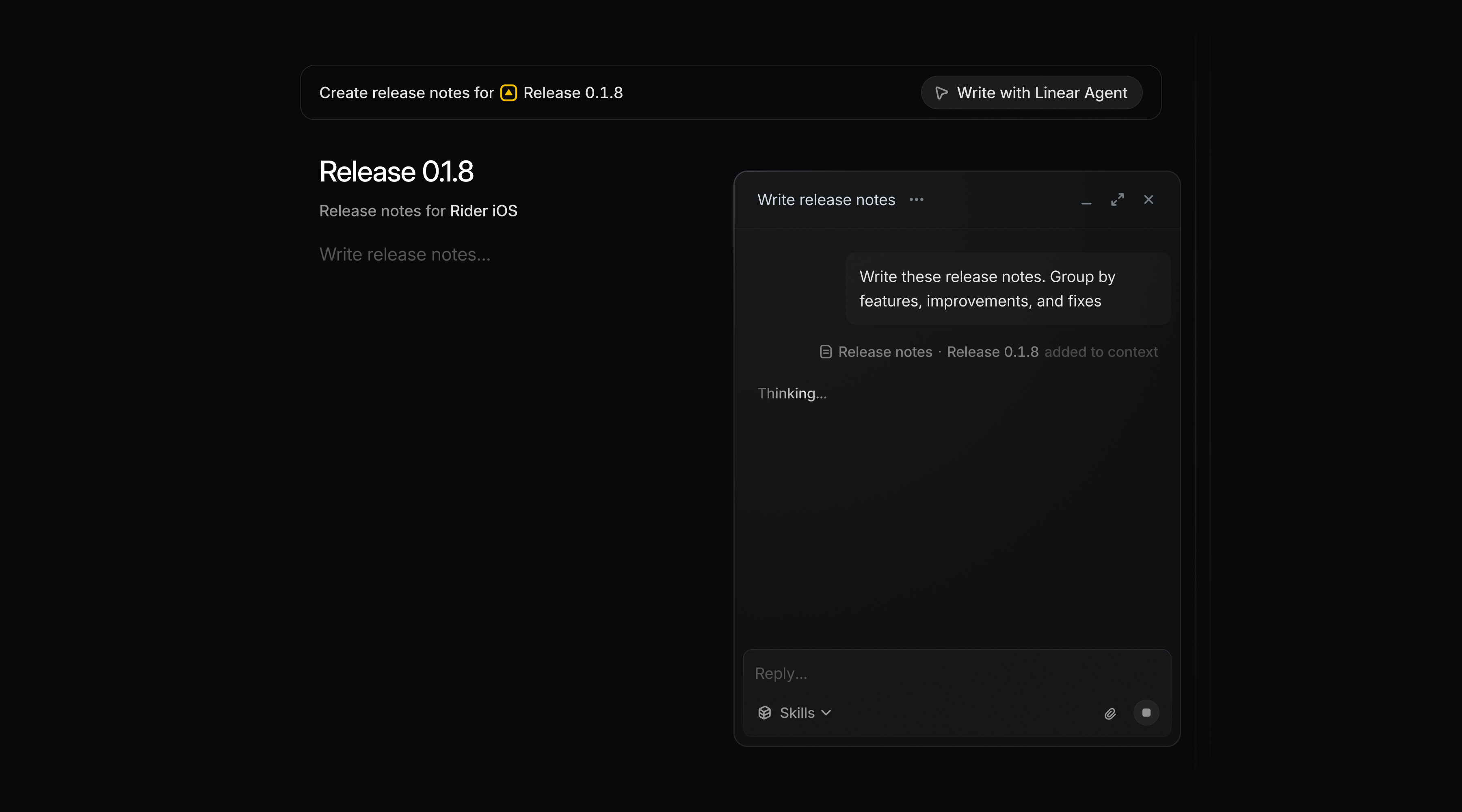 Linear Agent generating release notes from scheduled release 0.1.8