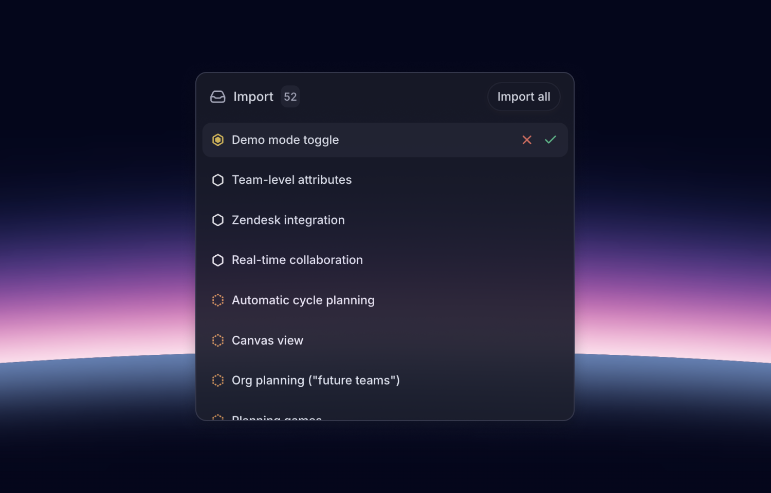 Menu showing Linear integrated Productboard 