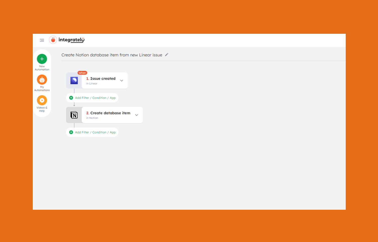 Integrately Linear automation to create a new database in Notion