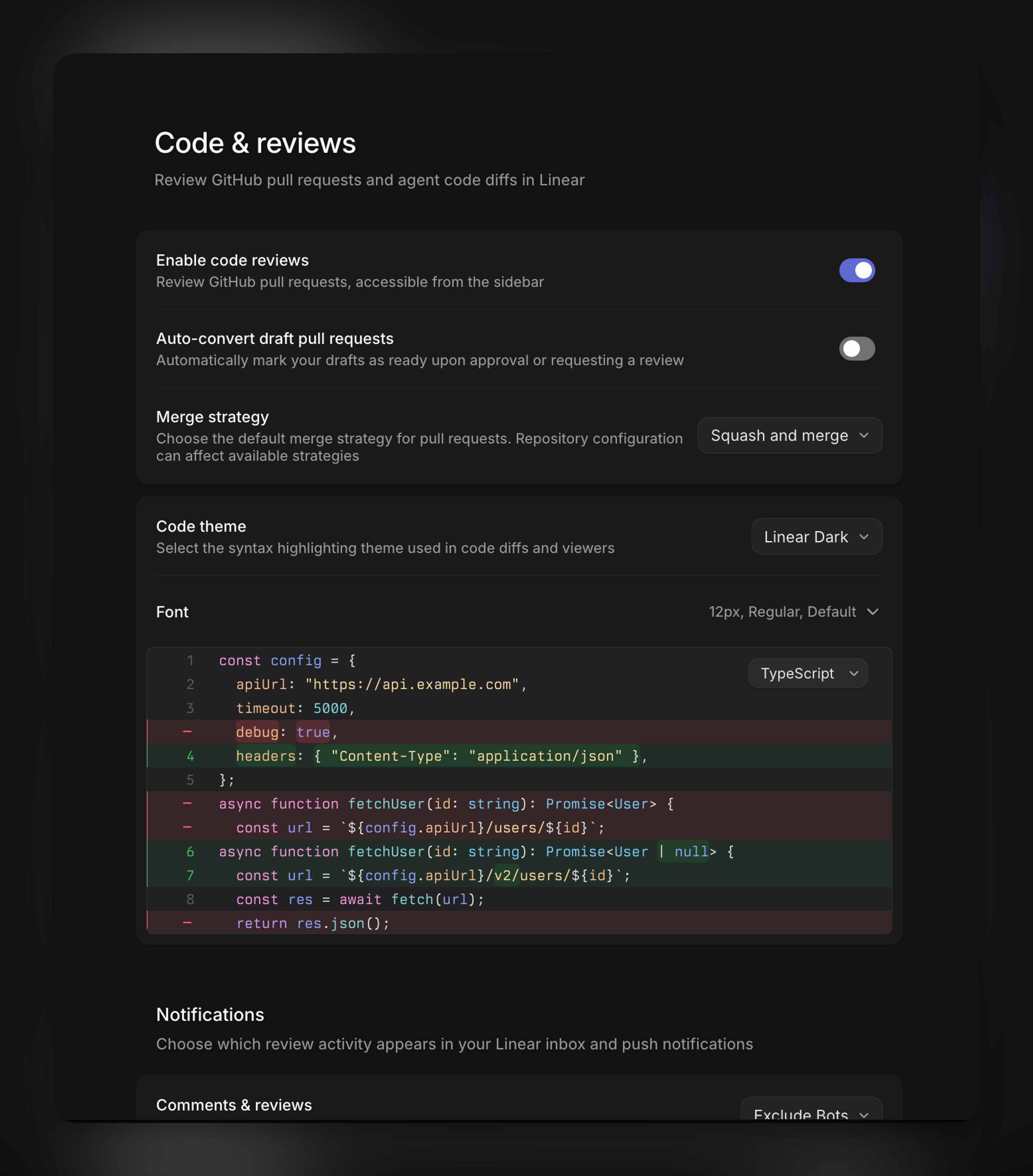 Code & reviews settings