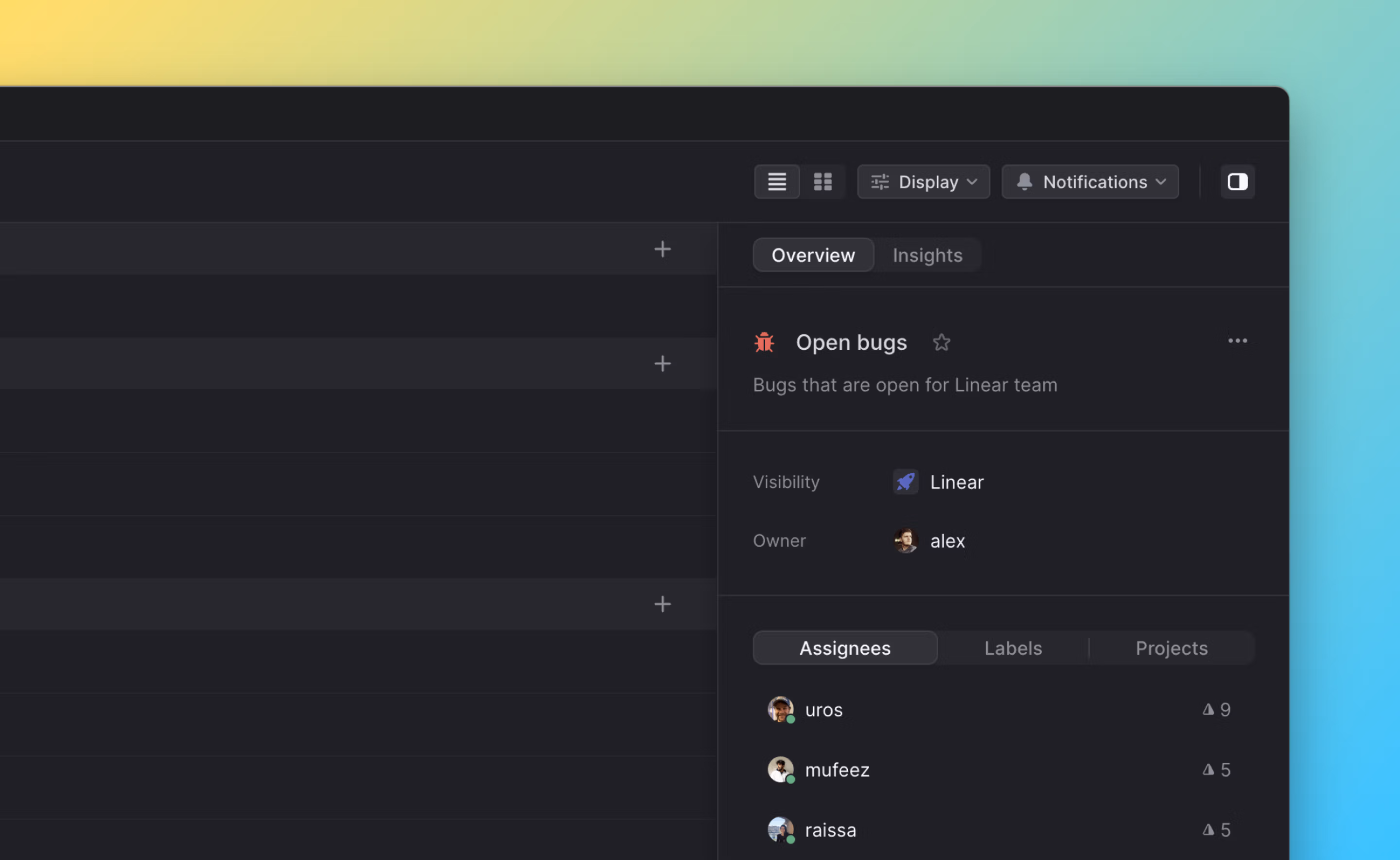 Shows view sidebar on an issue view, with a quick filter option on hover state for assignees