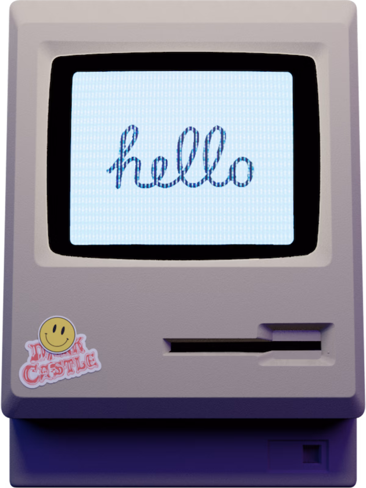 An old computer with a flashing screen and stickers