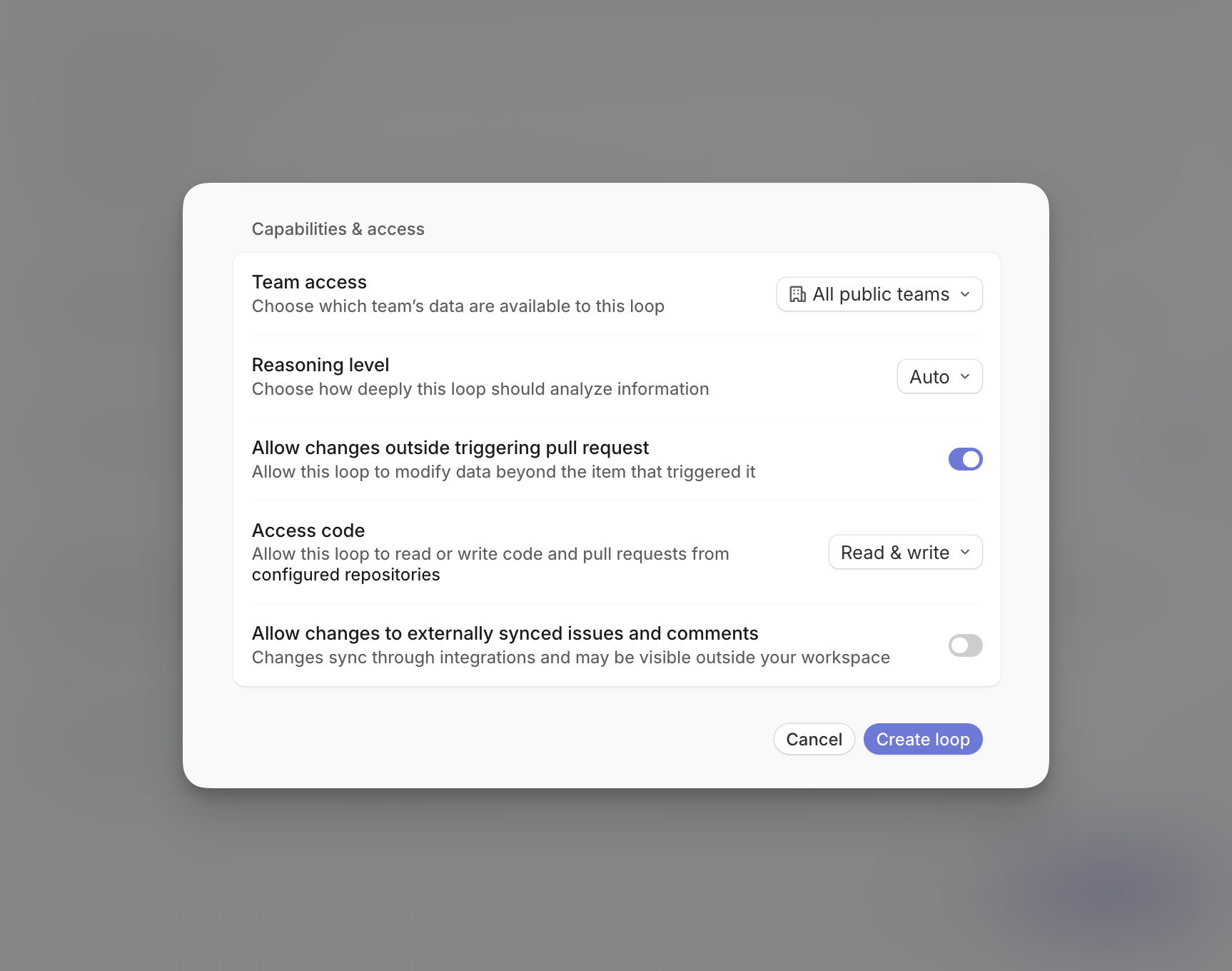 Capabilities & access settings showing Team access, Reasoning level set to Auto, Access code set to Read & write, and controls for changes outside the triggering pull request and externally synced issues and comments