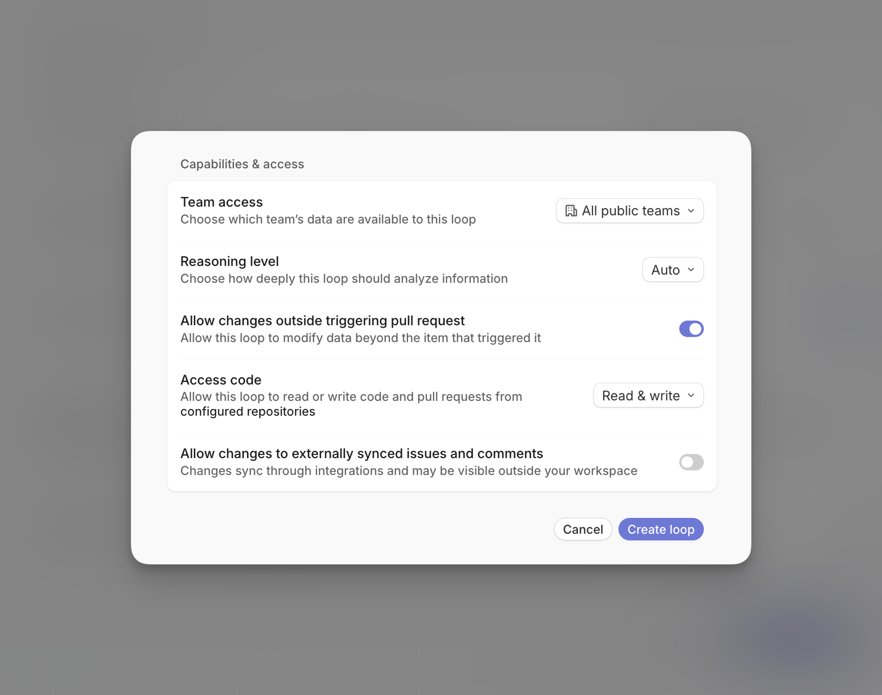 Capabilities & access settings showing Team access, Reasoning level set to Auto, Access code set to Read & write, and controls for changes outside the triggering pull request and externally synced issues and comments