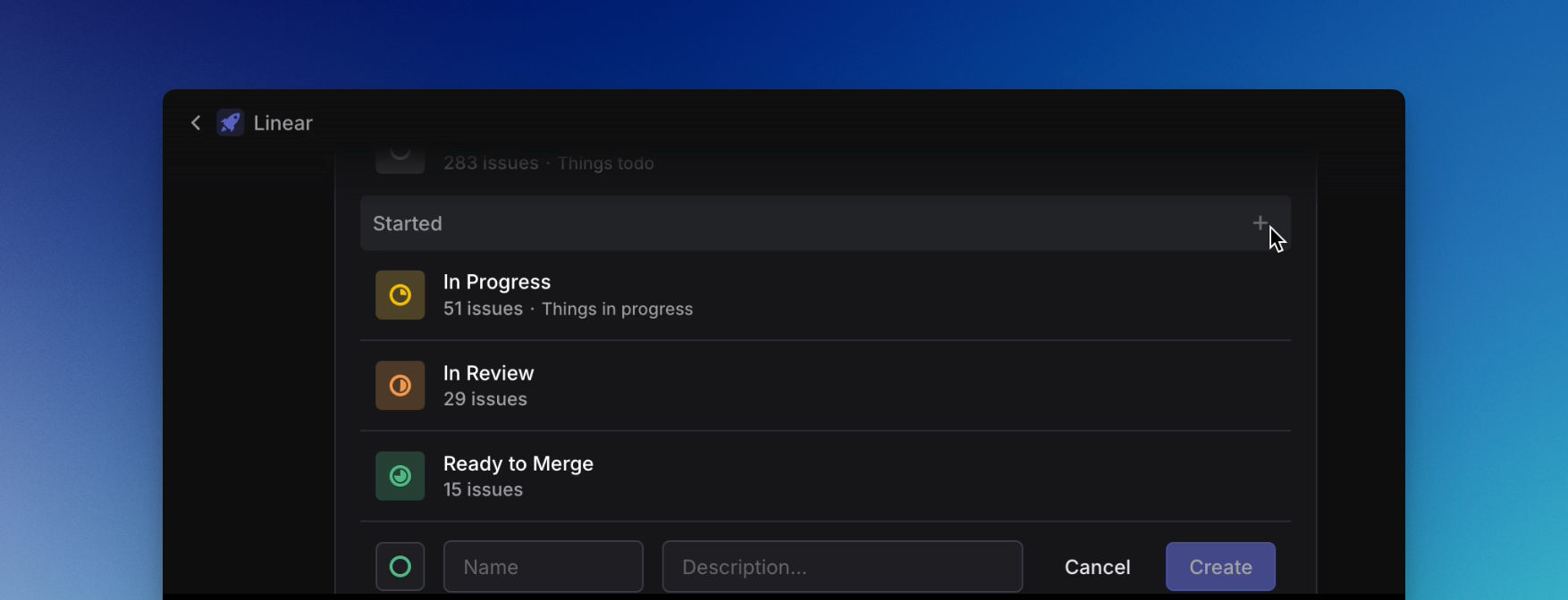 Image showing 4 existing workflow statuses and a new custom one about to be added.