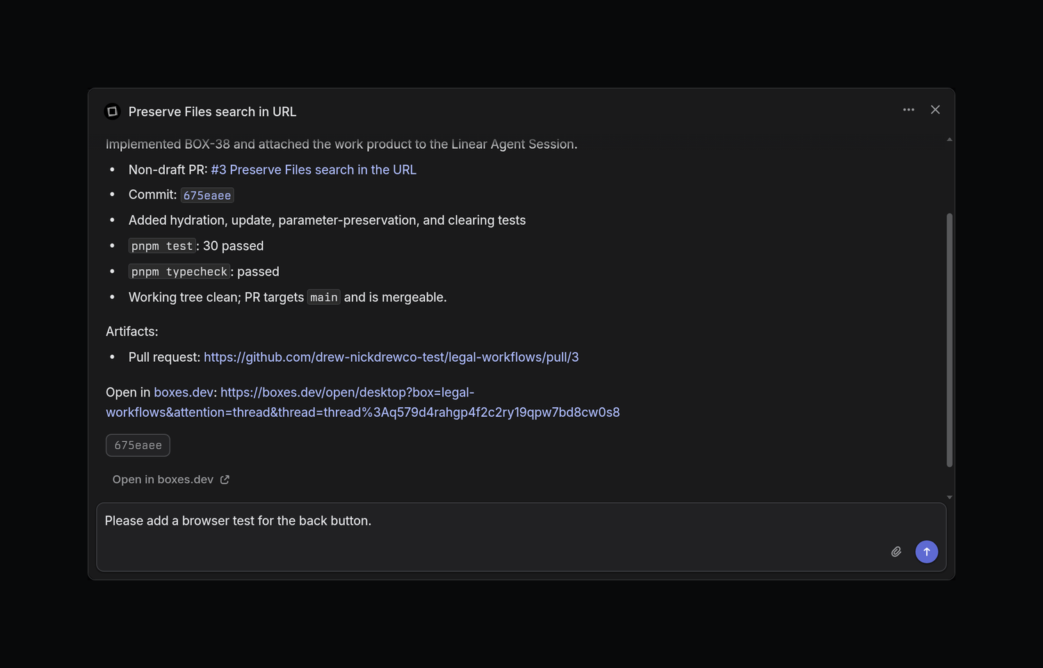 commenting on agent session in Linear to add a browser test for the back button