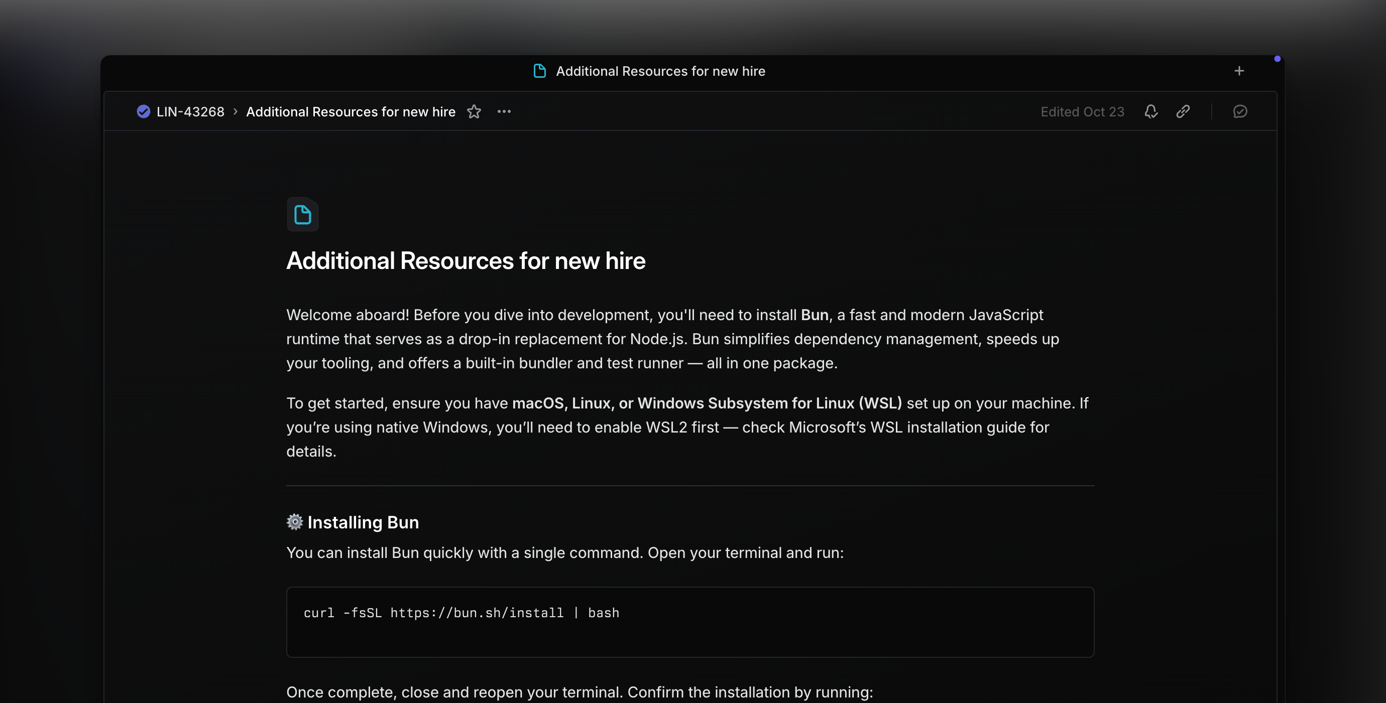 Image of a issue document in Linear