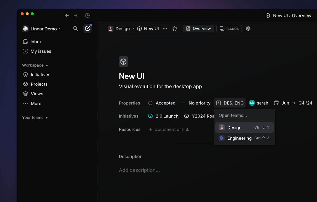 Adding team to a project in Linear