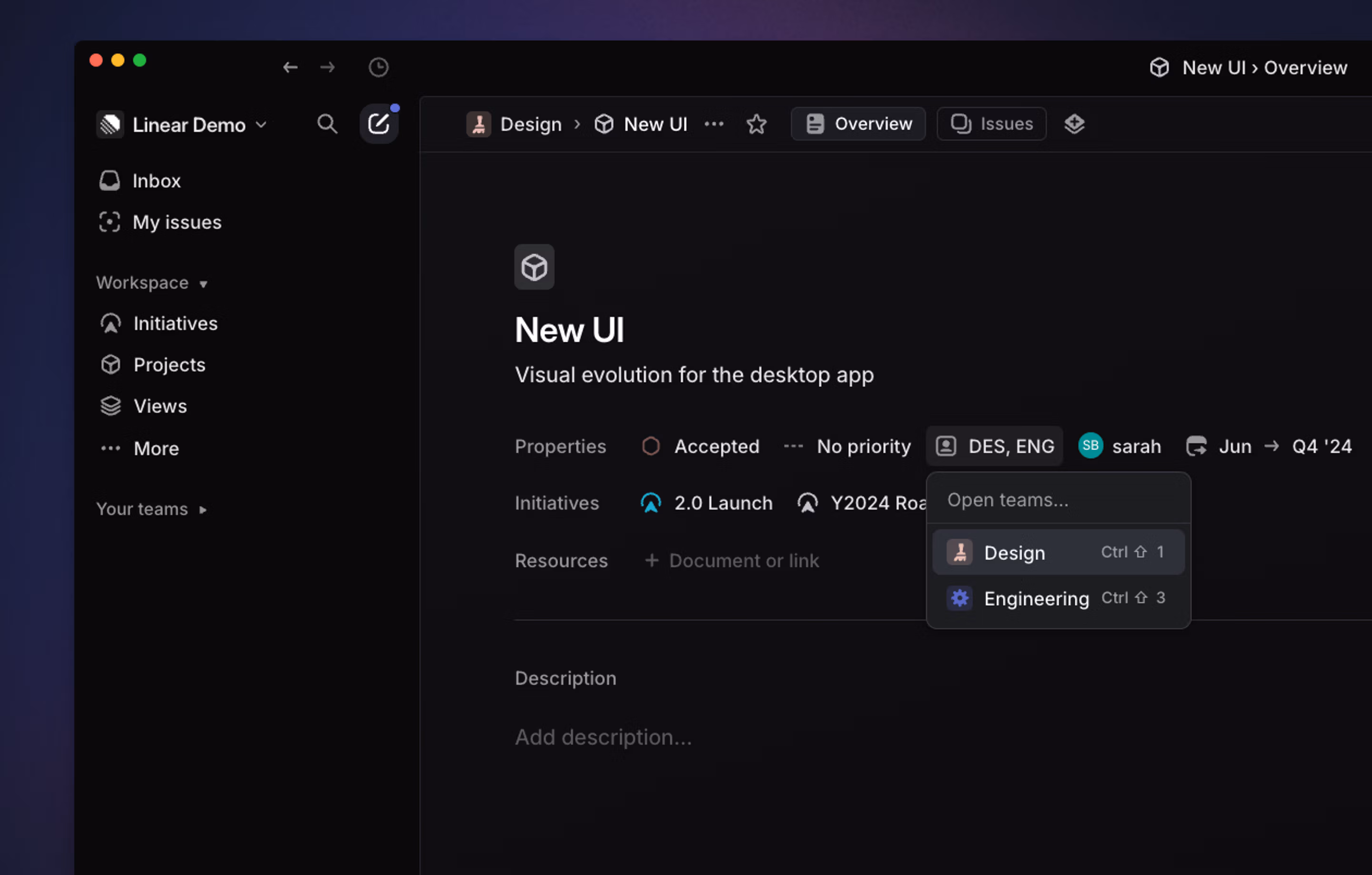 Adding team to a project in Linear