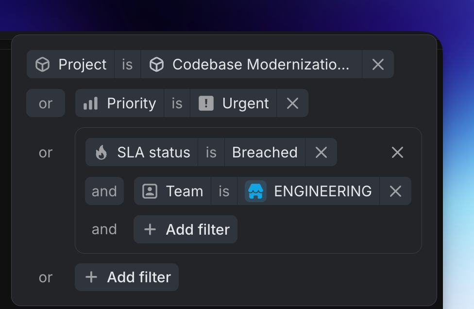 Example of advanced filter focused on a specific project, urgent issues or breached SLA issues for the engineering team
