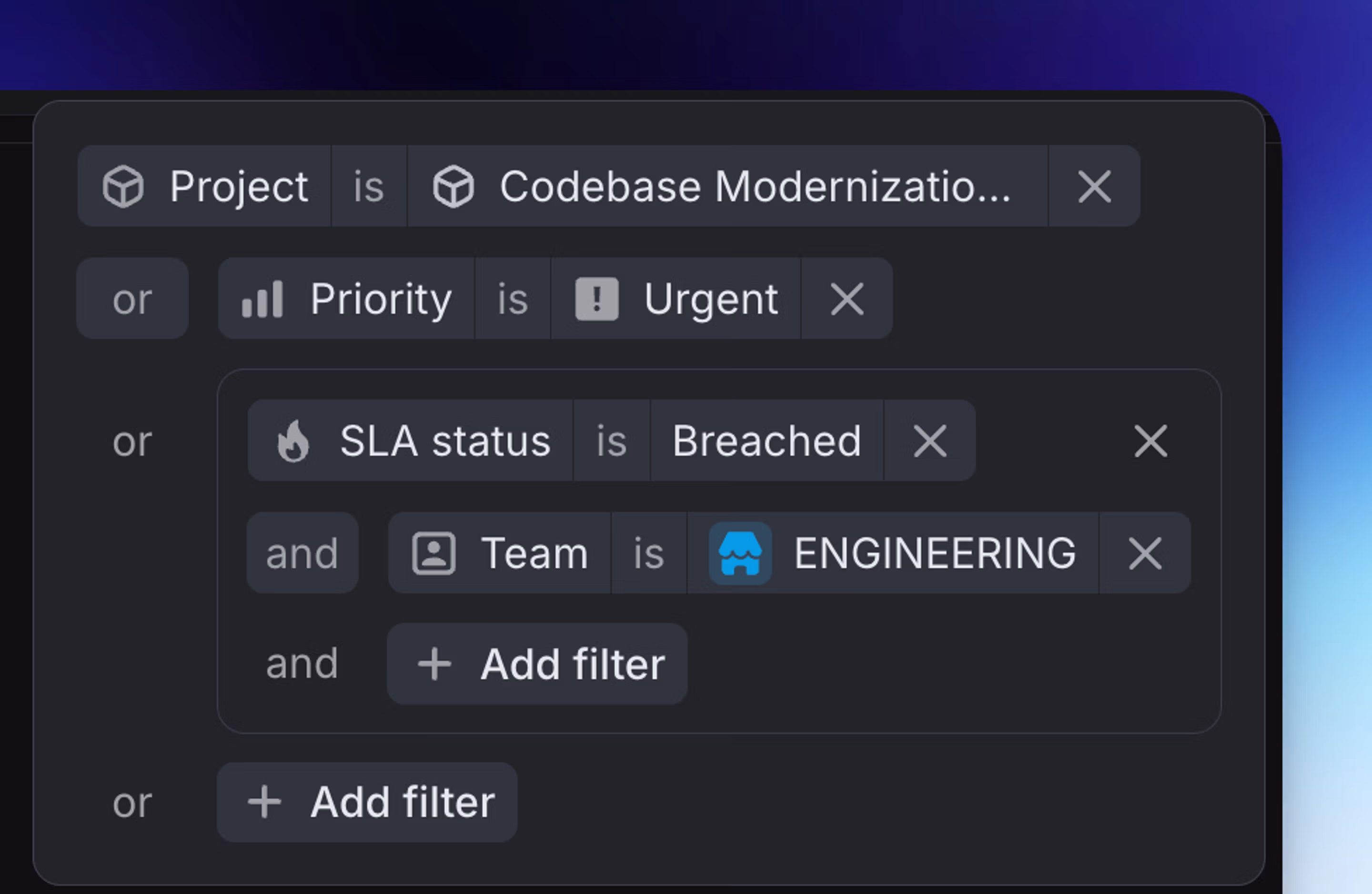 Example of advanced filter focused on a specific project, urgent issues or breached SLA issues for the engineering team