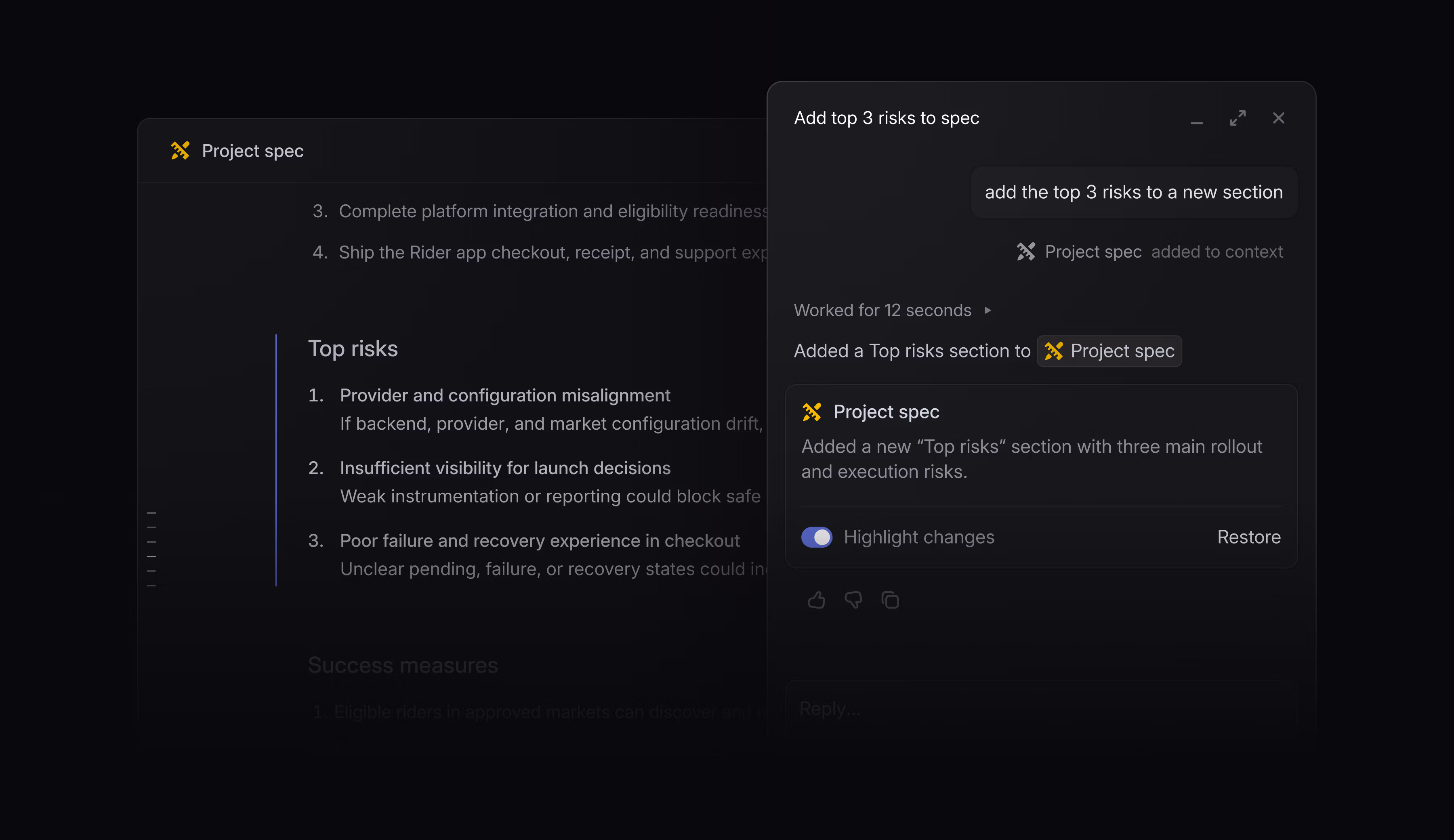 a document and an agent panel showing the prompt to edit