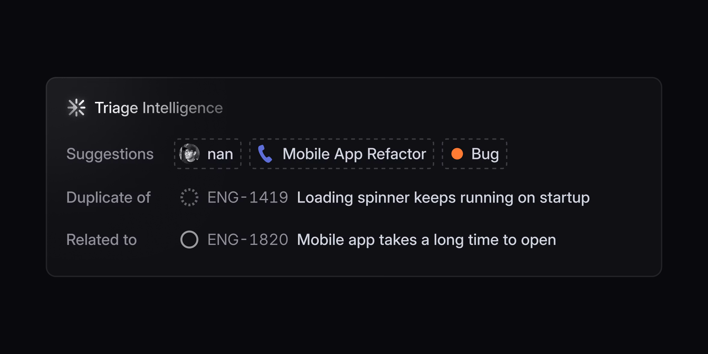 A screenshot of the Triage Intelligence UI element in Linear with suggestions for assignee, labels, and potential duplicates.
