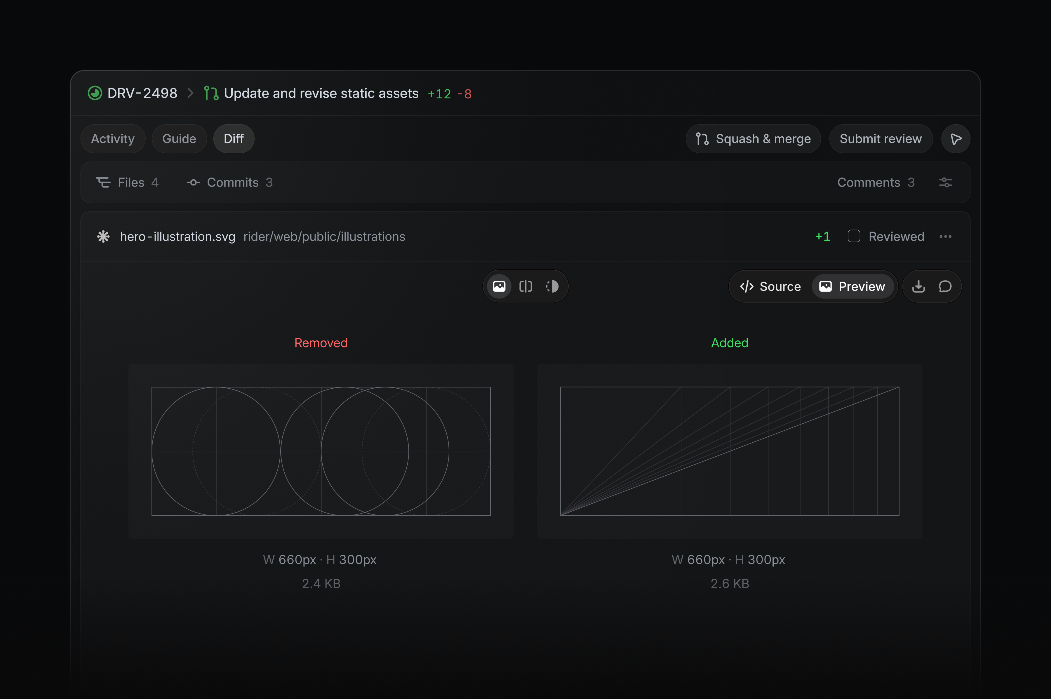Code review diff for DRV-2498 showing an updated SVG asset, with removed and added illustration previews side by side.